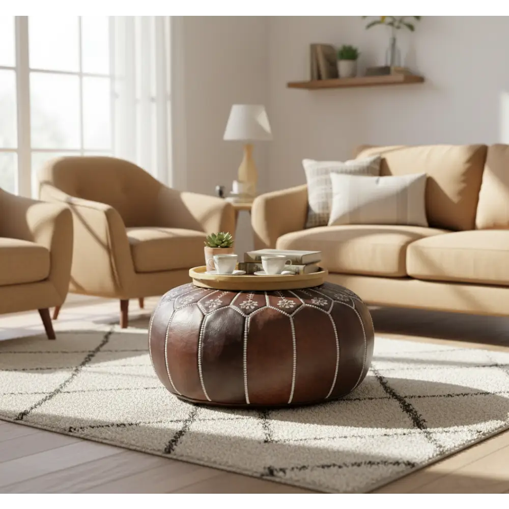 Moroccan Leather Ottoman - Arch Design - Brown