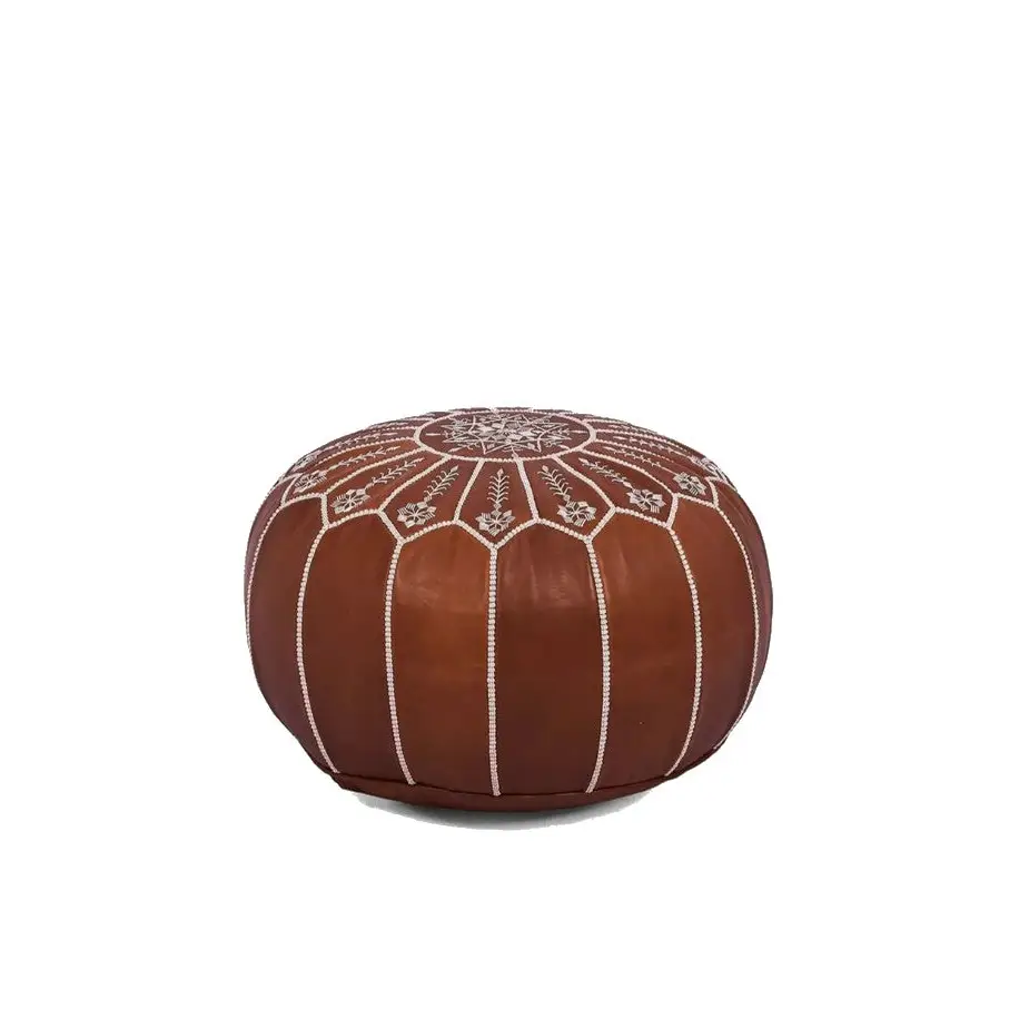 Moroccan Leather Ottoman - Arch Design - Brown Caramel