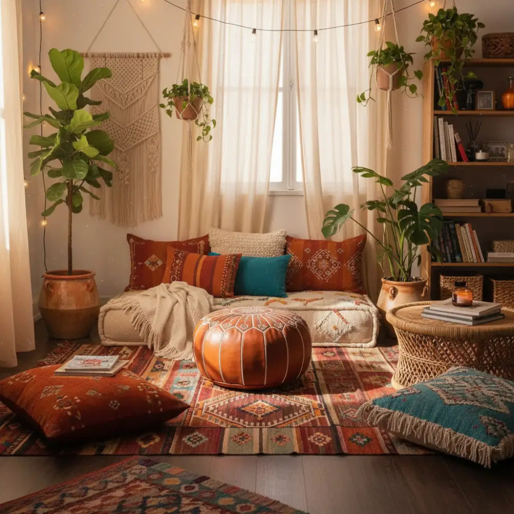 Moroccan Leather Ottoman - Arch Design - Brown Caramel