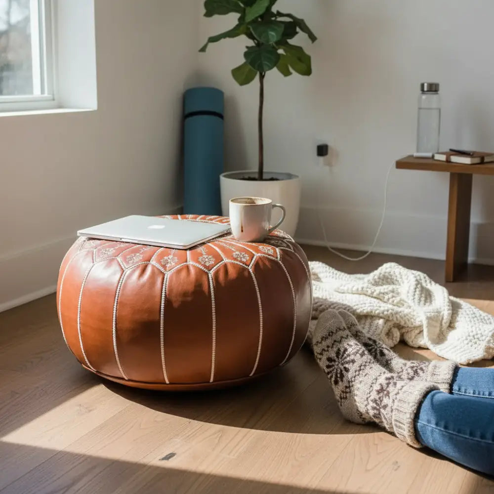 Moroccan Leather Ottoman - Arch Design - Brown Caramel