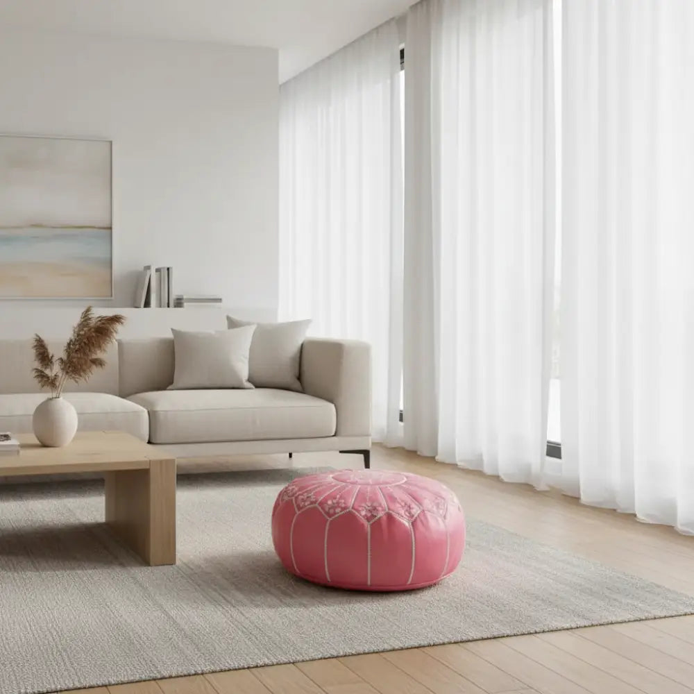 Moroccan Leather Ottoman - Arch Design - Pink