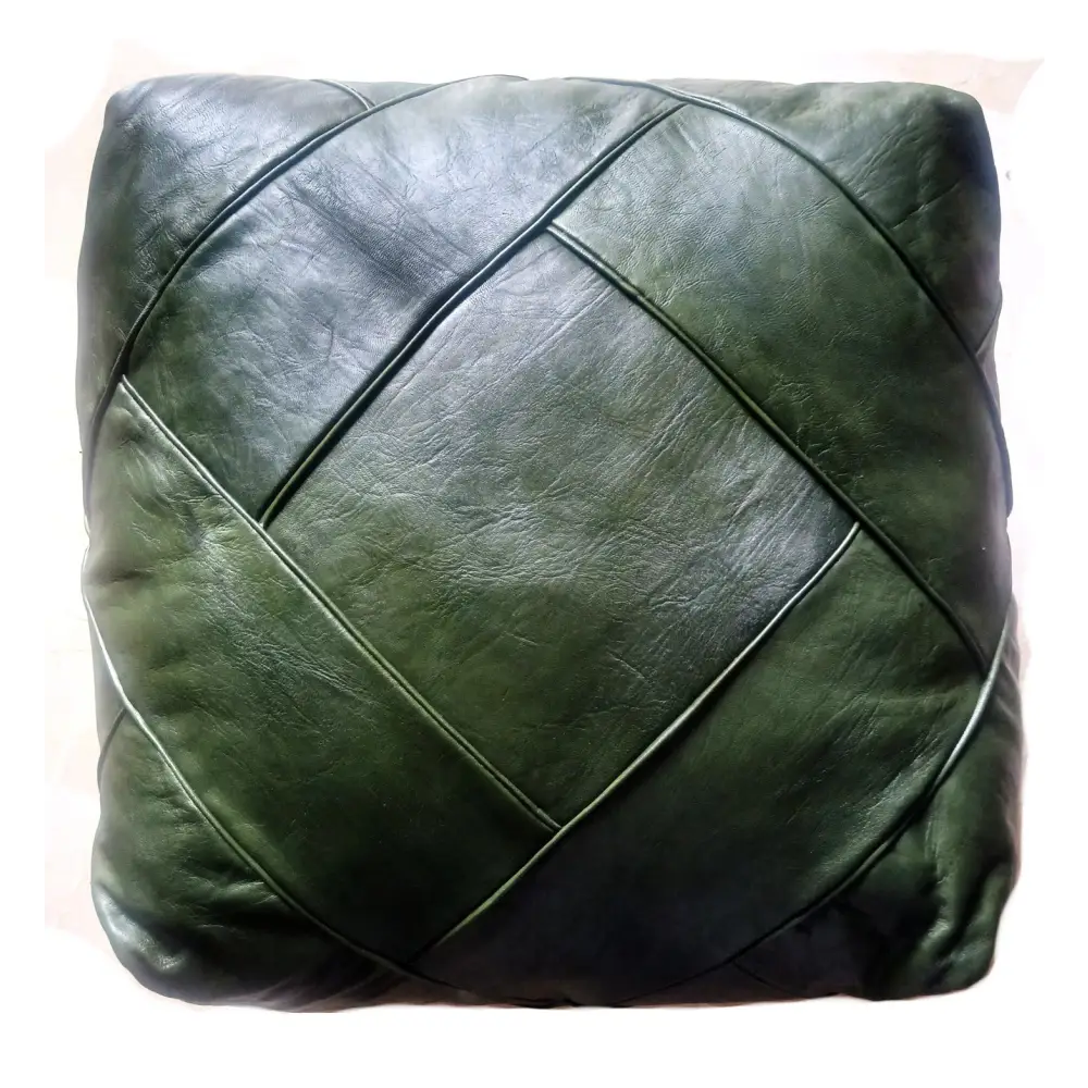 Moroccan Leather Ottoman - Zellige Mosaic Design - Olive Green