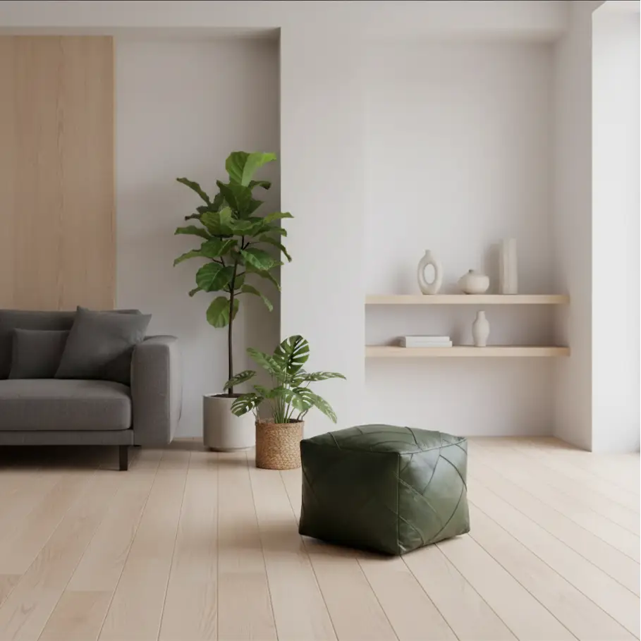 Moroccan Leather Ottoman - Zellige Mosaic Design - Olive Green