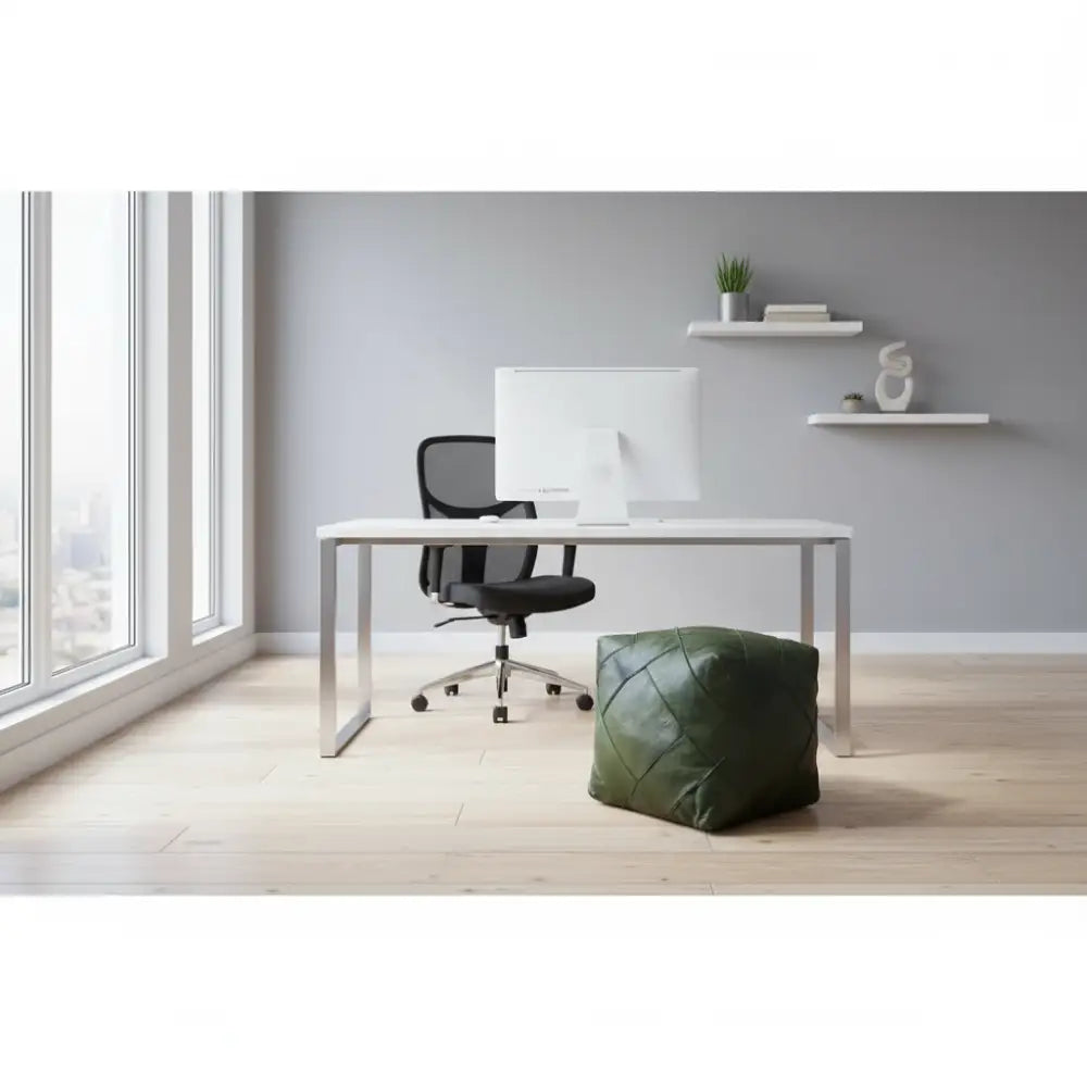 Moroccan Leather Ottoman - Zellige Mosaic Design - Olive Green