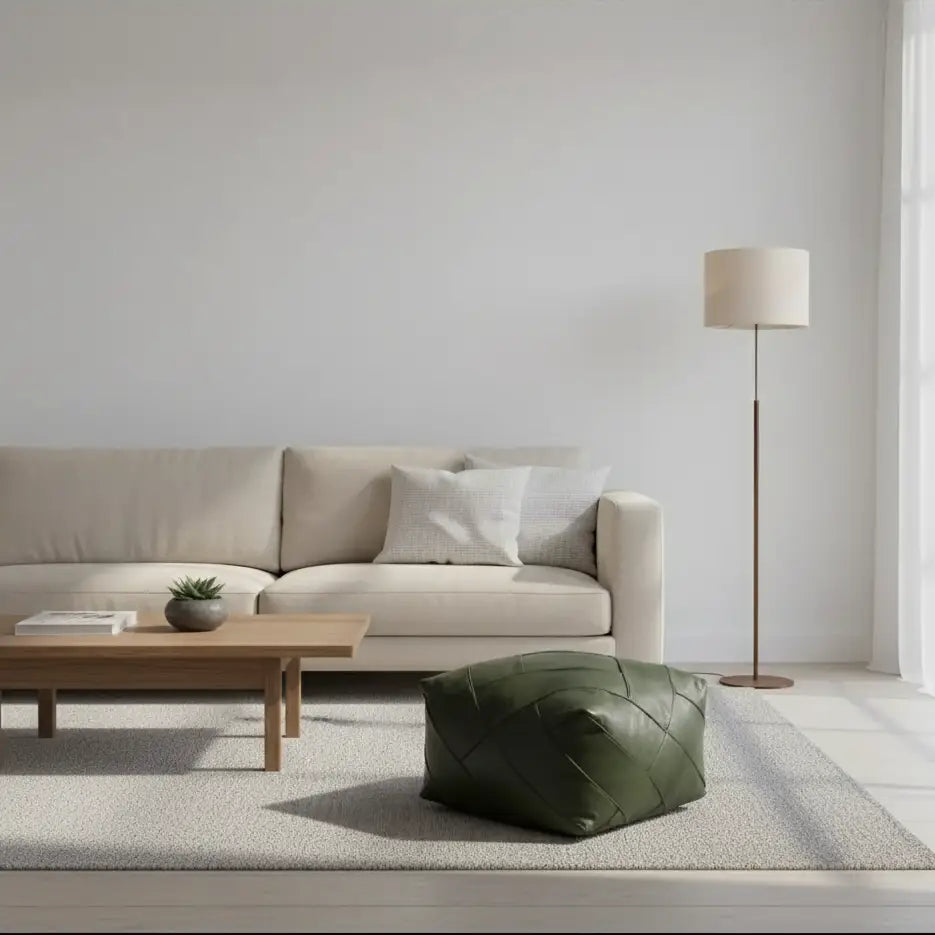 Moroccan Leather Ottoman - Zellige Mosaic Design - Olive Green