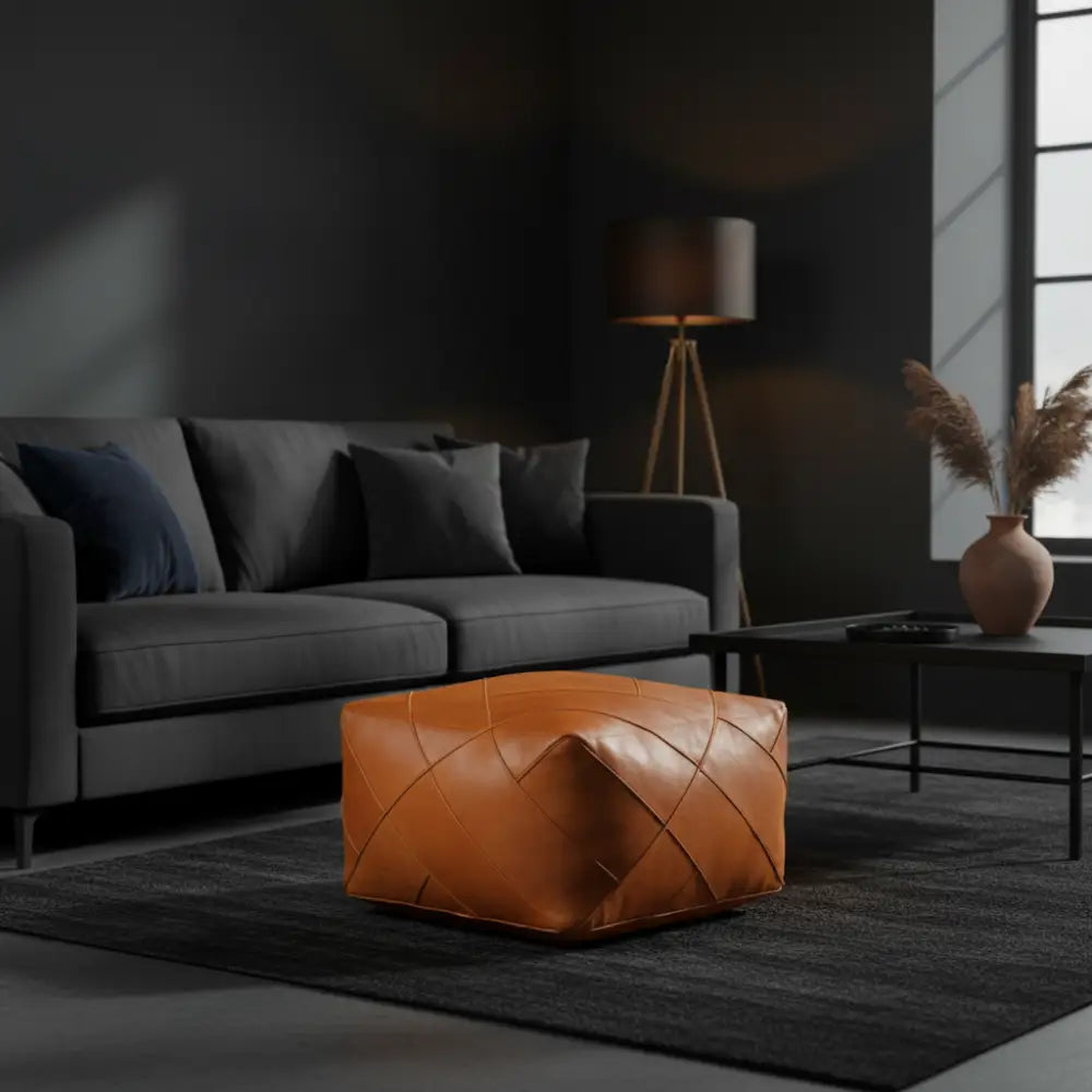 Moroccan Leather Ottoman - Zellige Mosaic Design - Tan