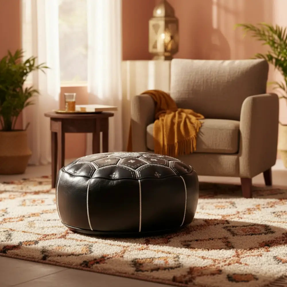 Moroccan Leather Tile Ottoman - Black