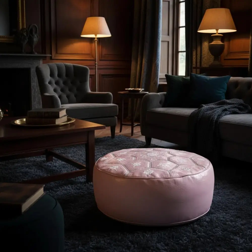 Moroccan Leather Tile Ottoman - Soft Pink