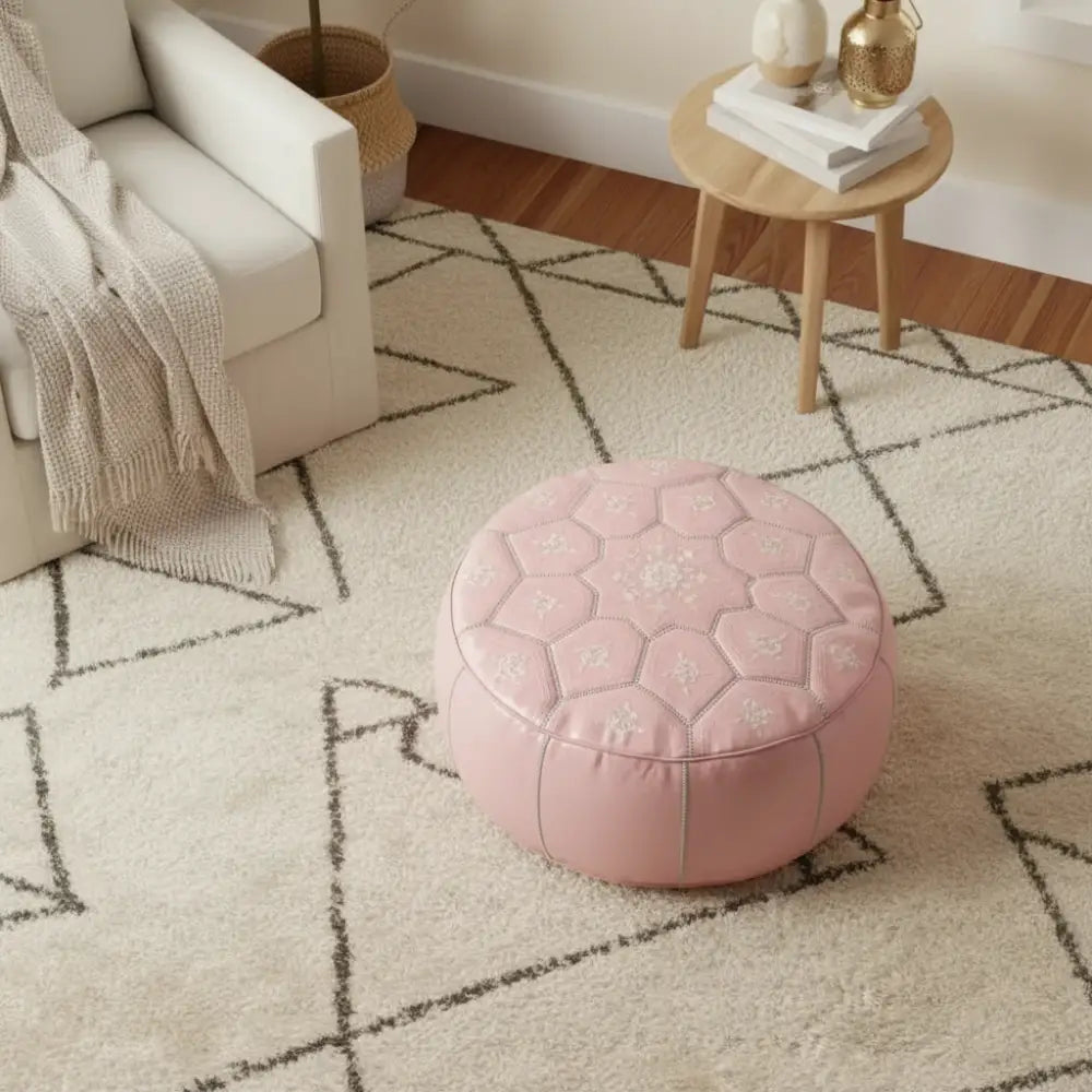 Moroccan Leather Tile Ottoman - Soft Pink