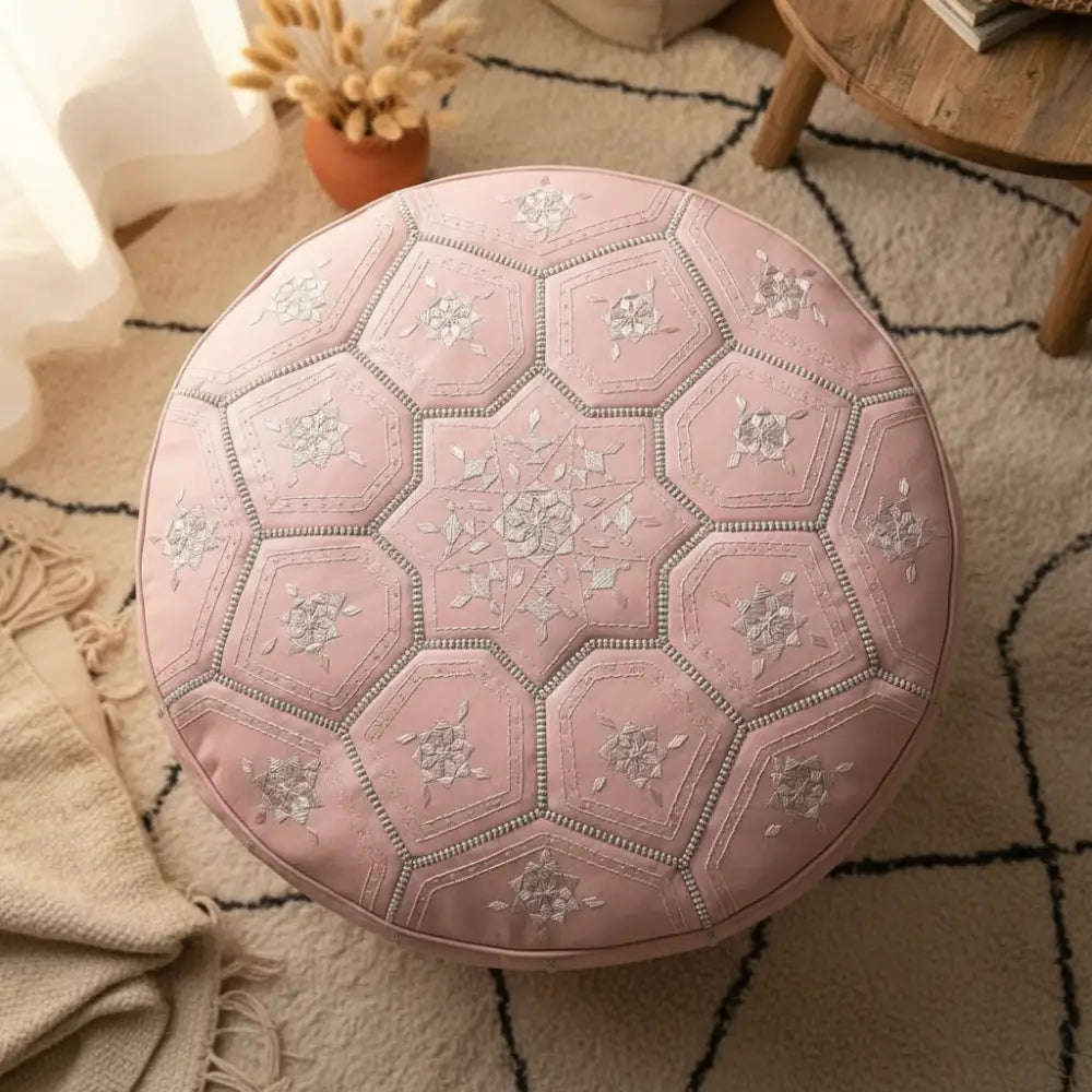 Moroccan Leather Tile Ottoman - Soft Pink