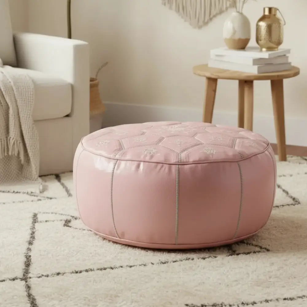 Moroccan Leather Tile Ottoman - Soft Pink