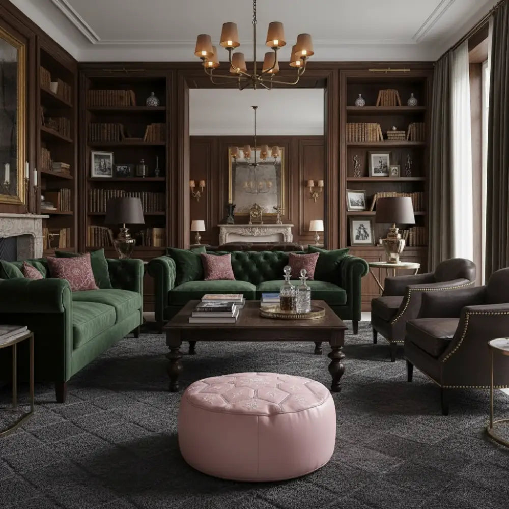 Moroccan Leather Tile Ottoman - Soft Pink