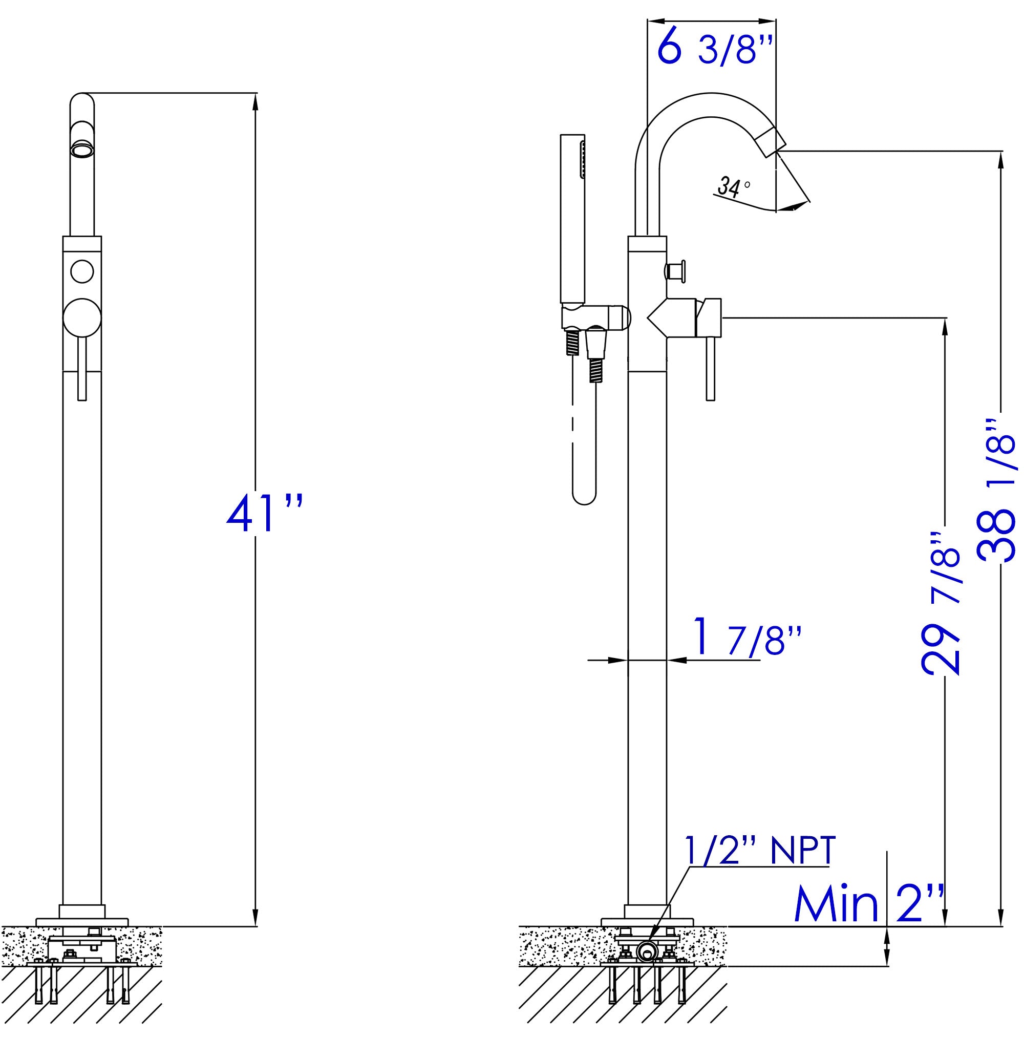 ALFI brand AB2534 Single Lever Floor Mounted Tub Filler Mixer w Hand Held Shower Head