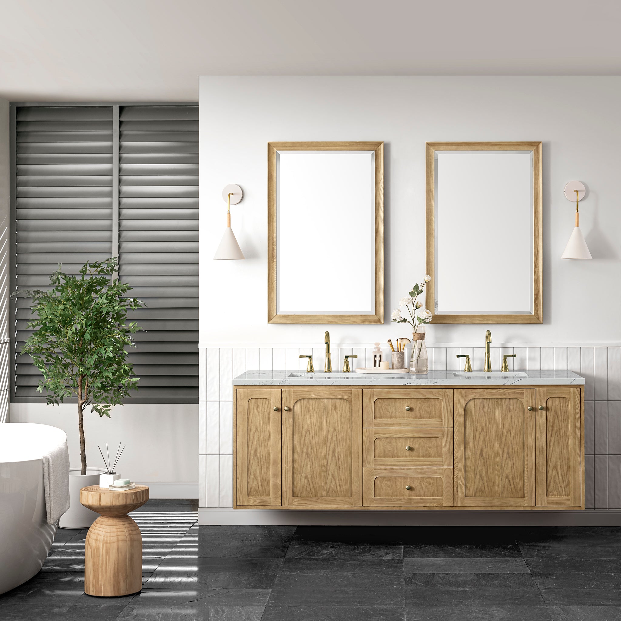 James Martin Laurent 72" Double Vanity in Light Natural Oak with 3cm Countertop and FreePower Wireless Charger