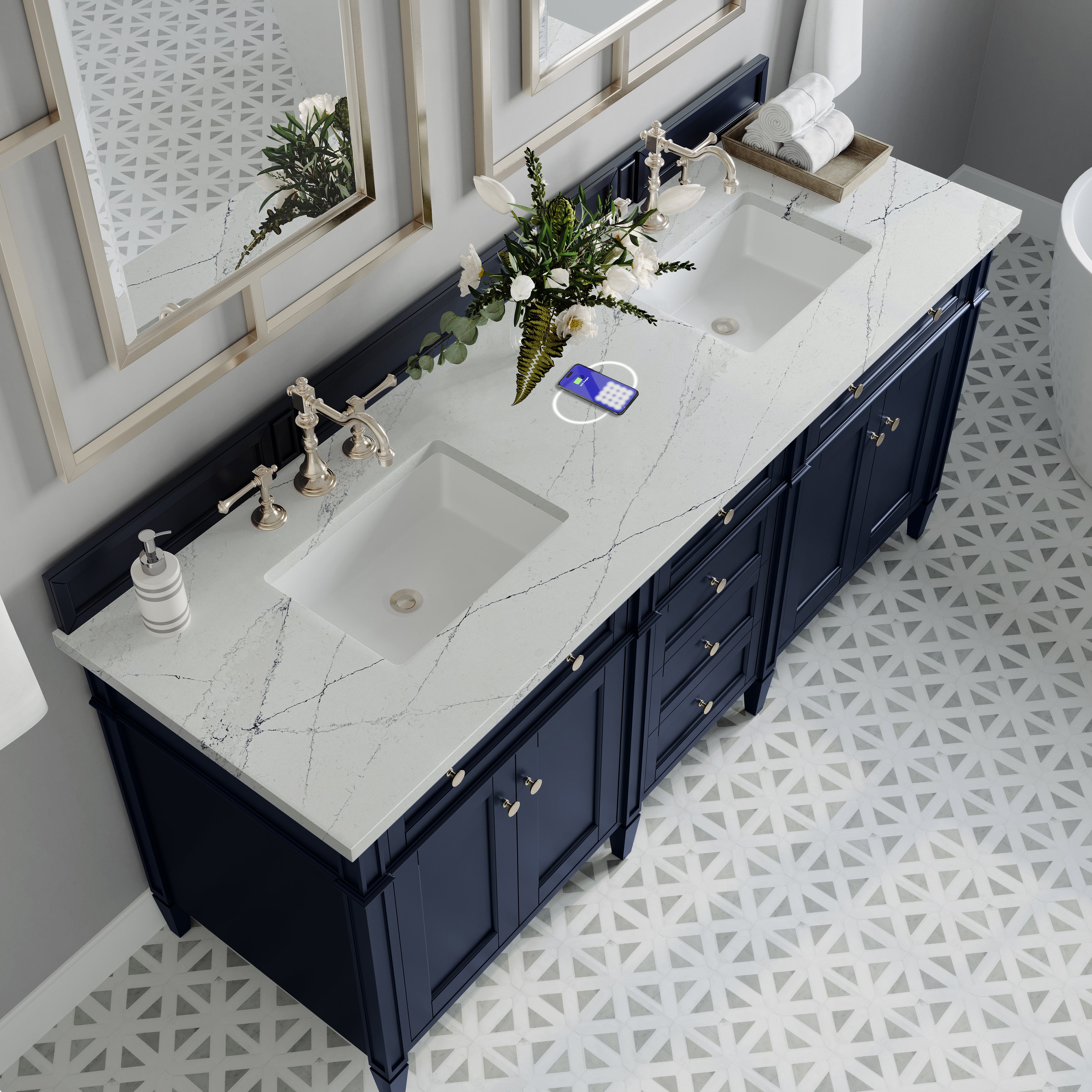 James Martin Brittany 72" Double Vanity in Victory Bleu with 3cm Countertop and FreePower Wireless Charger