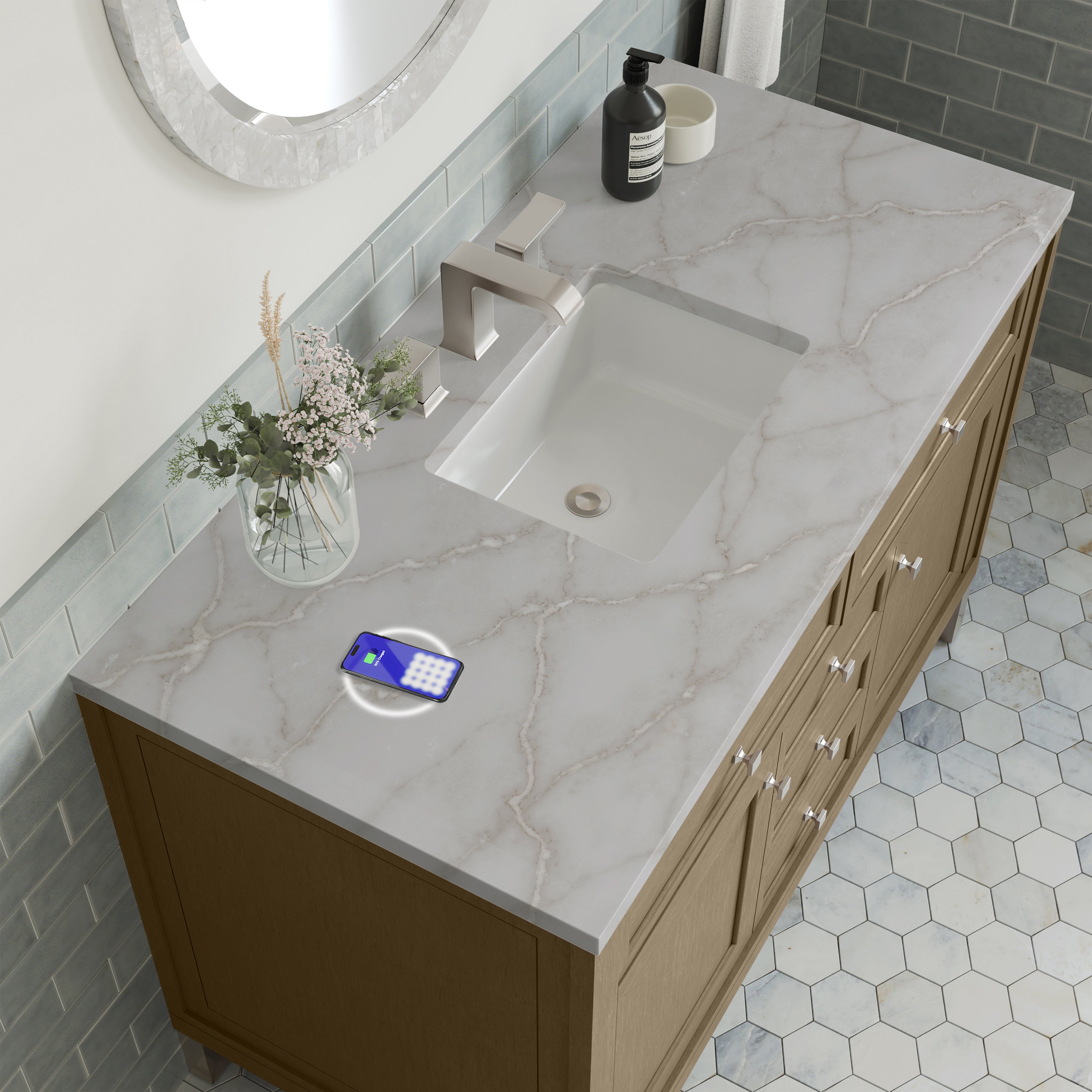 James Martin Chicago 48" Single Vanity in Walnut Whisper with 3cm Countertop and FreePower Wireless Charger