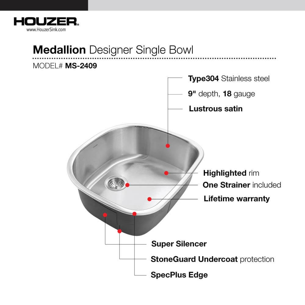 Houzer Medallion Designer 24" Stainless Steel Undermount Single D Bowl Kitchen Sink with Strainer