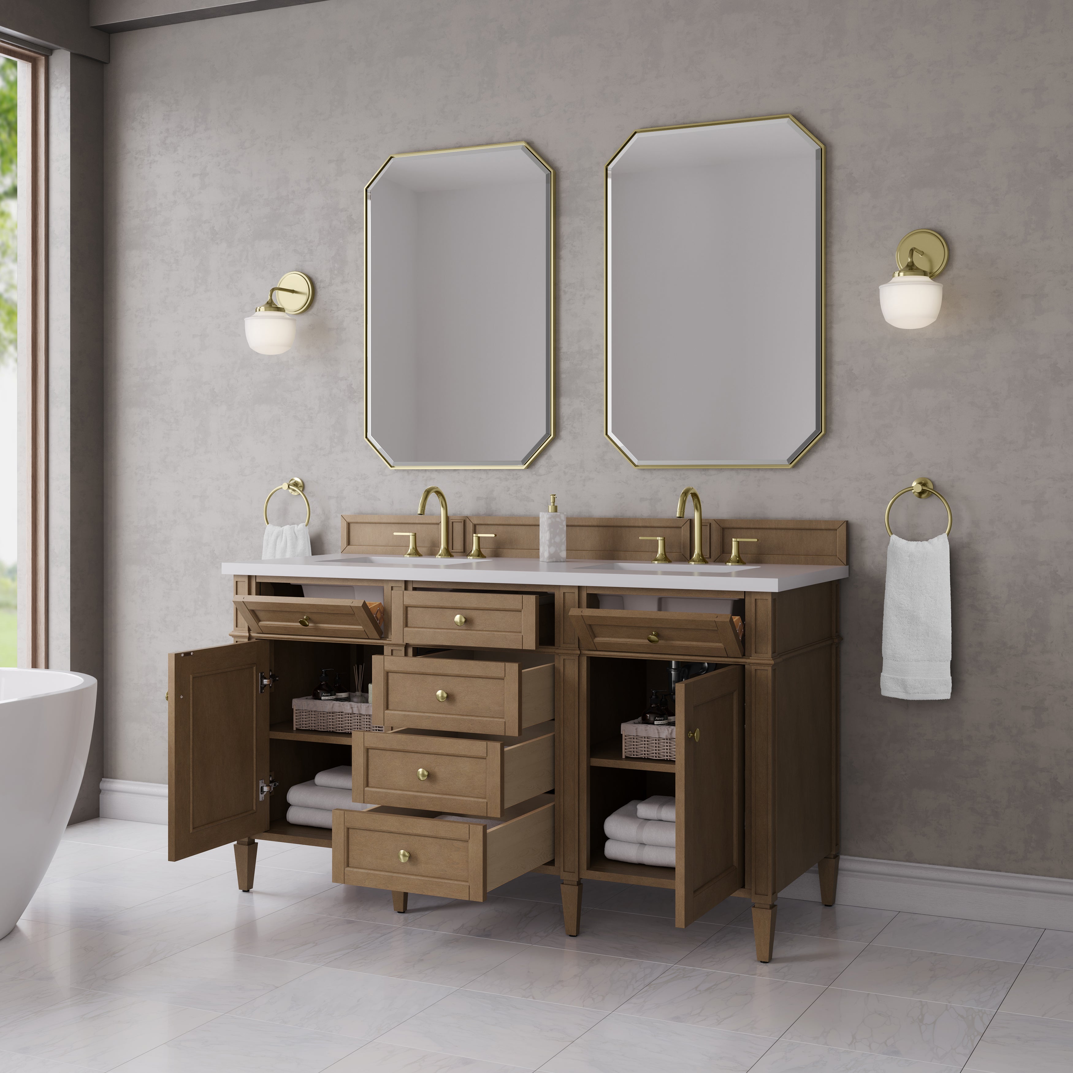 James Martin Brittany 60" Double Vanity in Pecan with 3cm Countertop