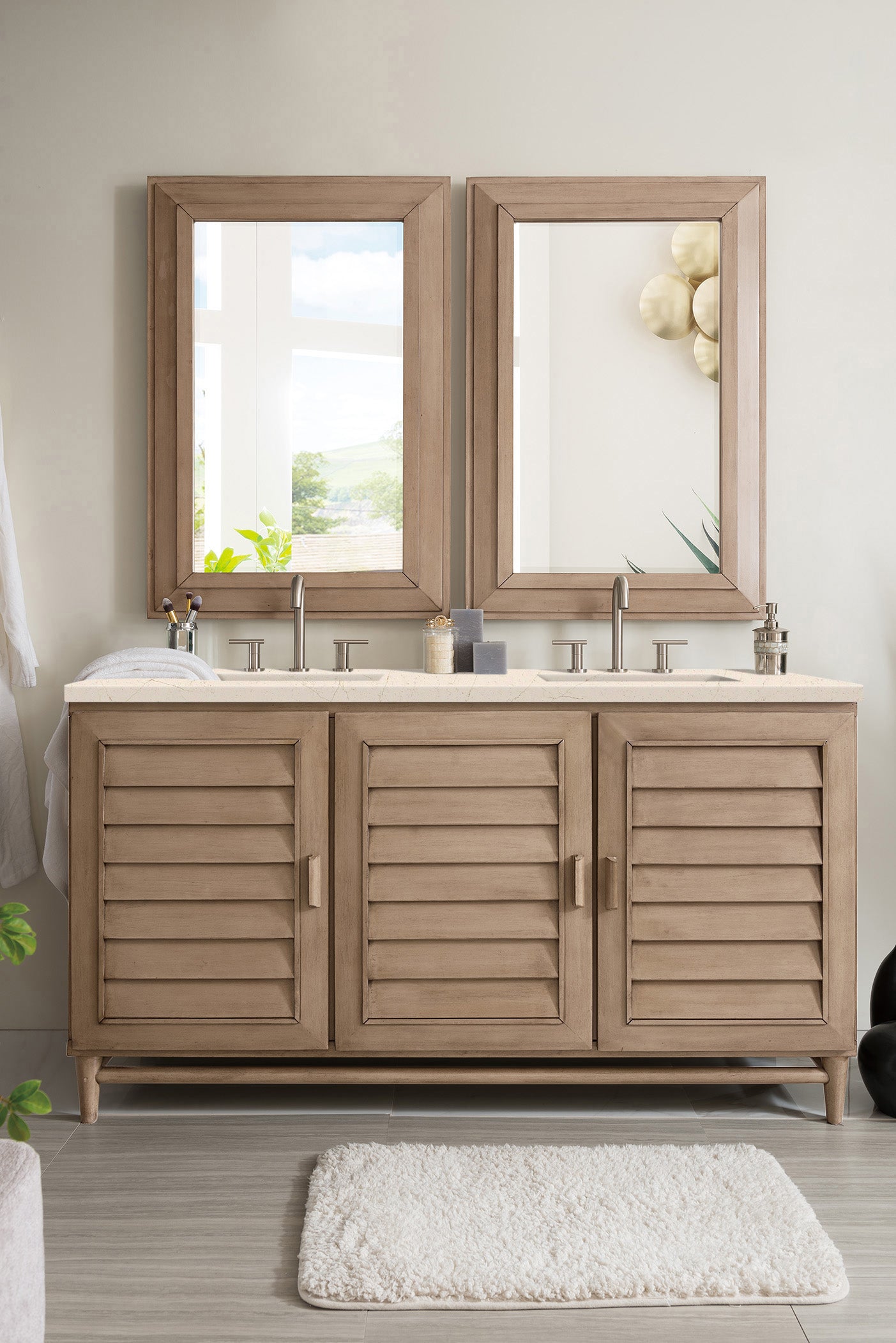 James Martin Portland 60" Double Vanity in Whitewashed Walnut with 3cm Countertop