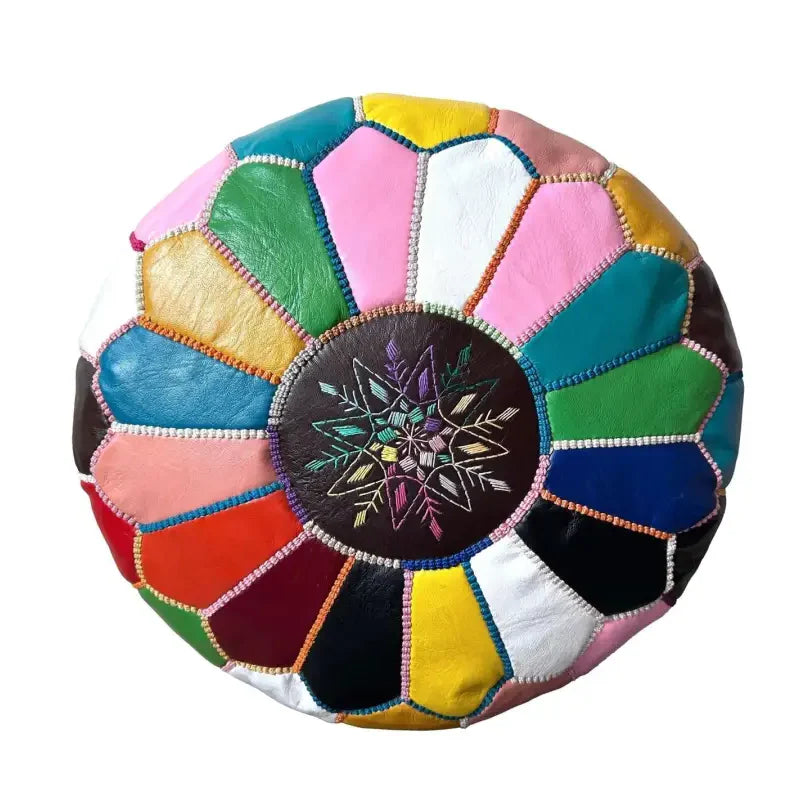 Multi Color Moroccan Leather Ottoman - Traditional Design