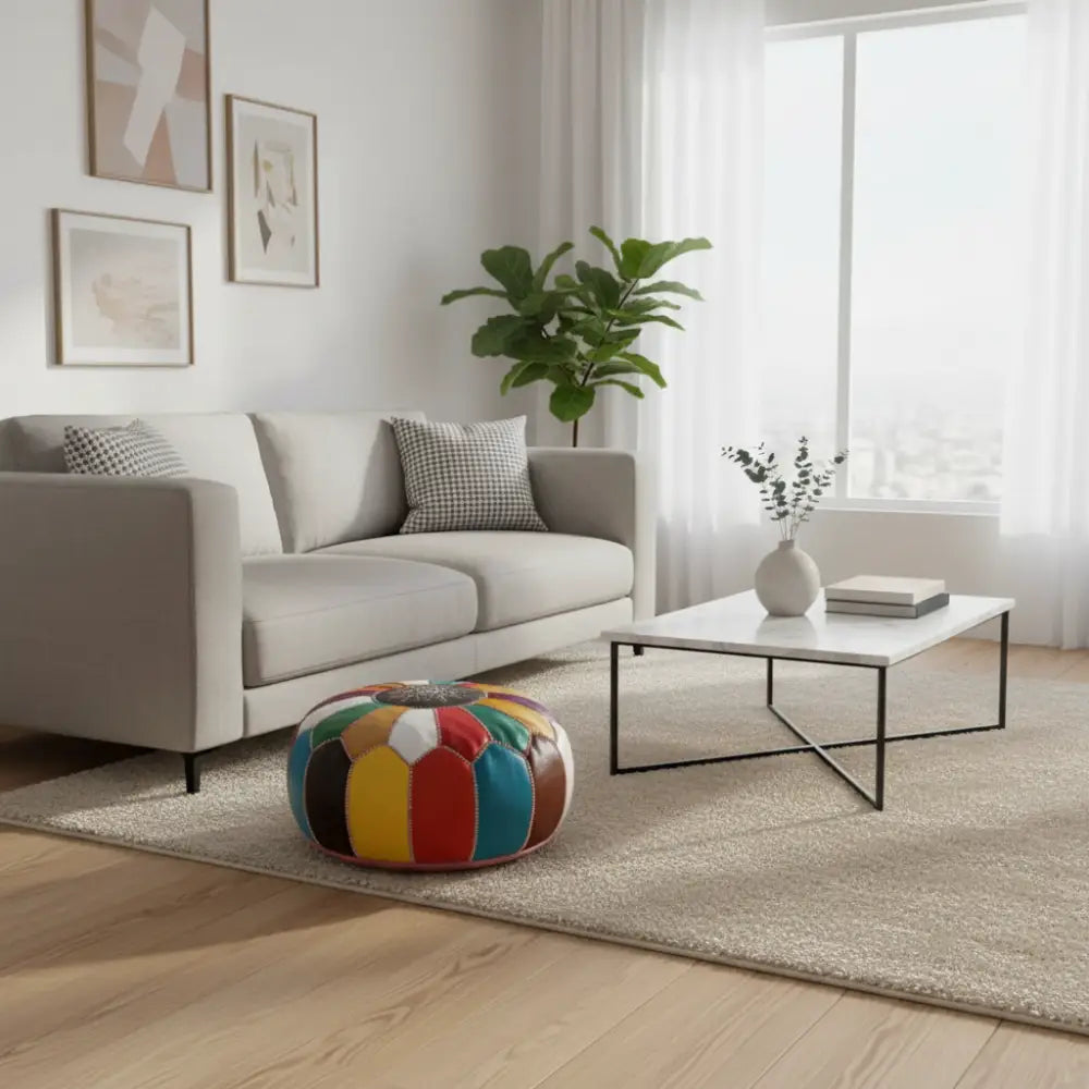 Multi Color Moroccan Leather Ottoman - Traditional Design