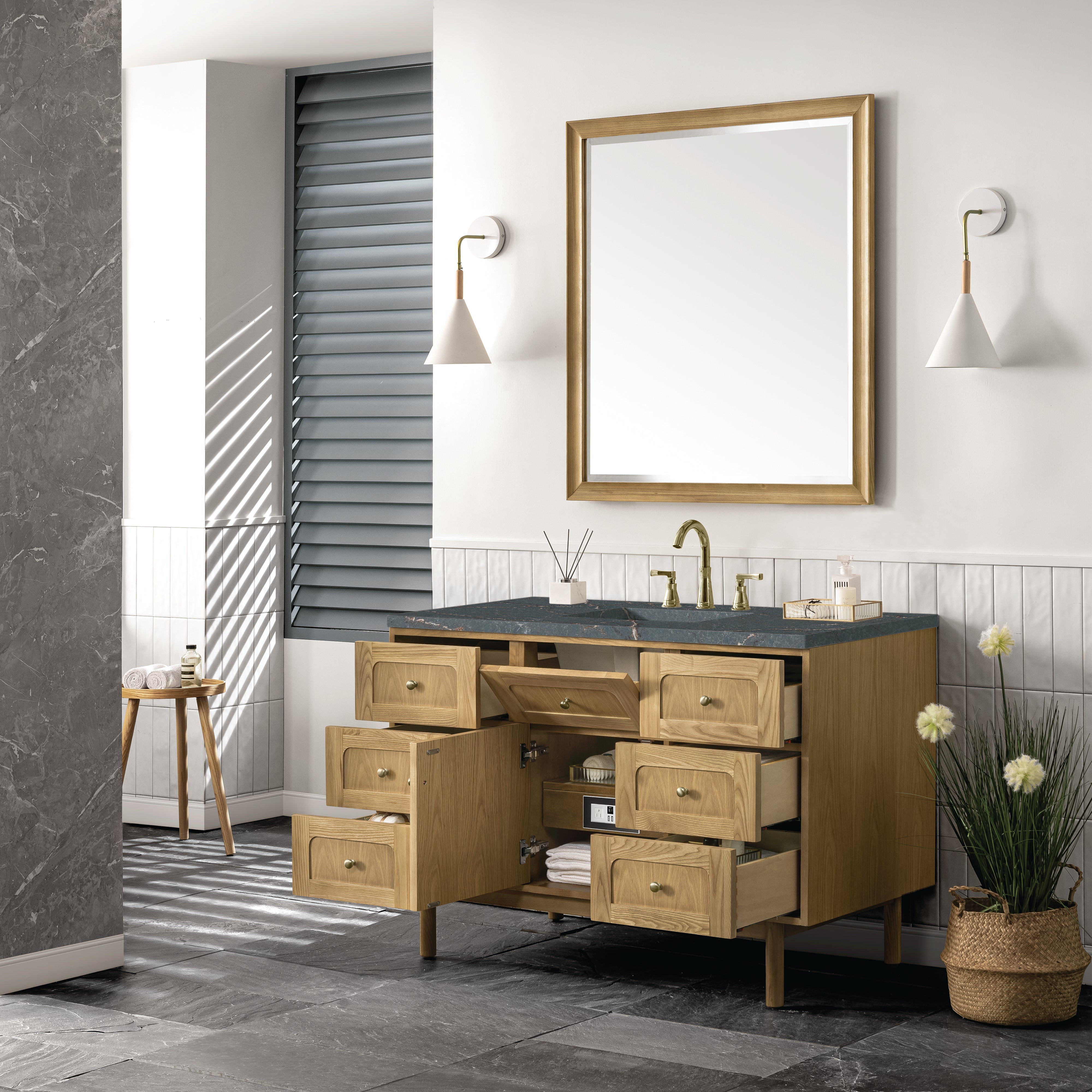 James Martin Laurent 48" Single Vanity in Light Natural Oak with 3cm Countertop and FreePower Wireless Charger