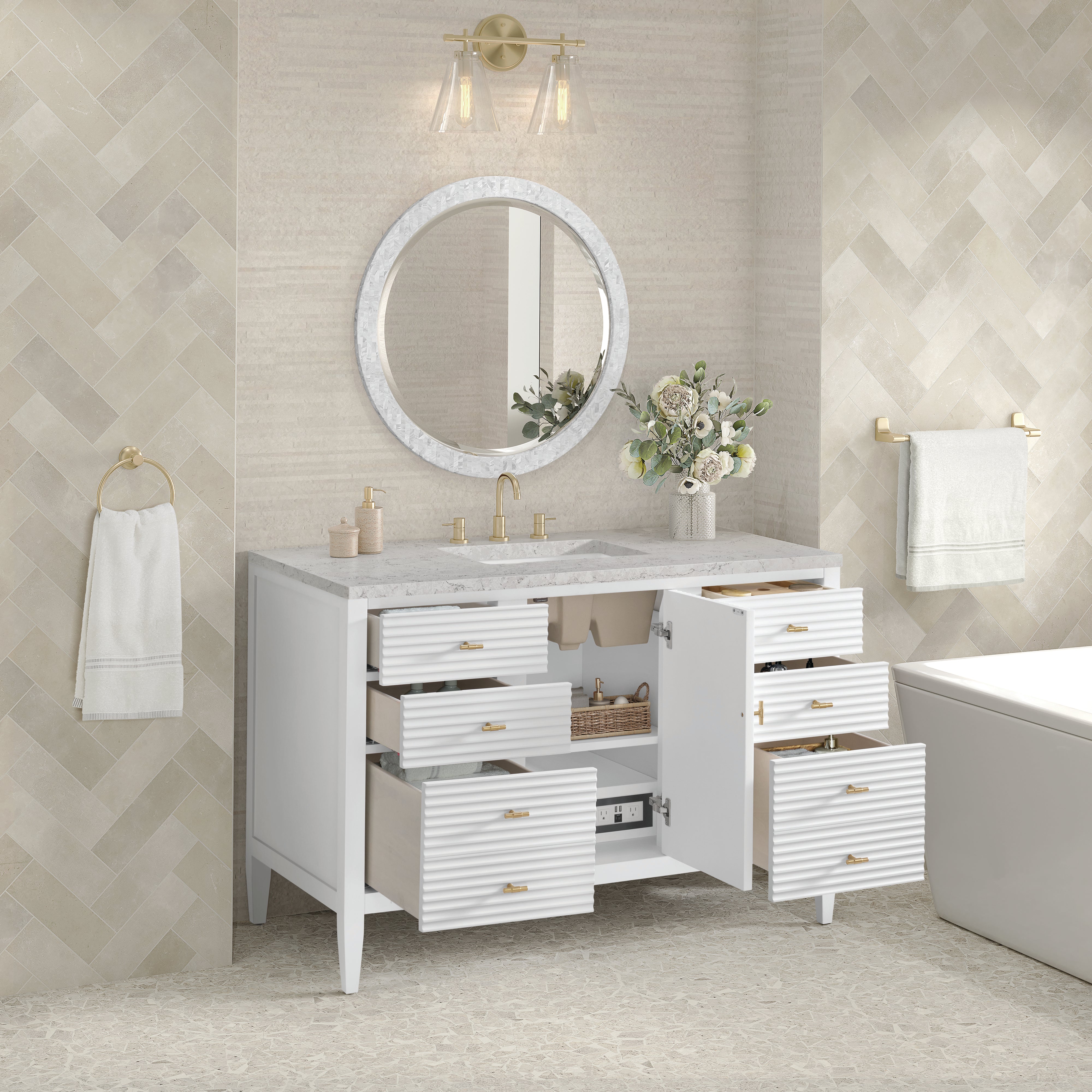 James Martin Myrrin 48" Single Vanity in Bright White with 3cm Countertop and FreePower Wireless Charger