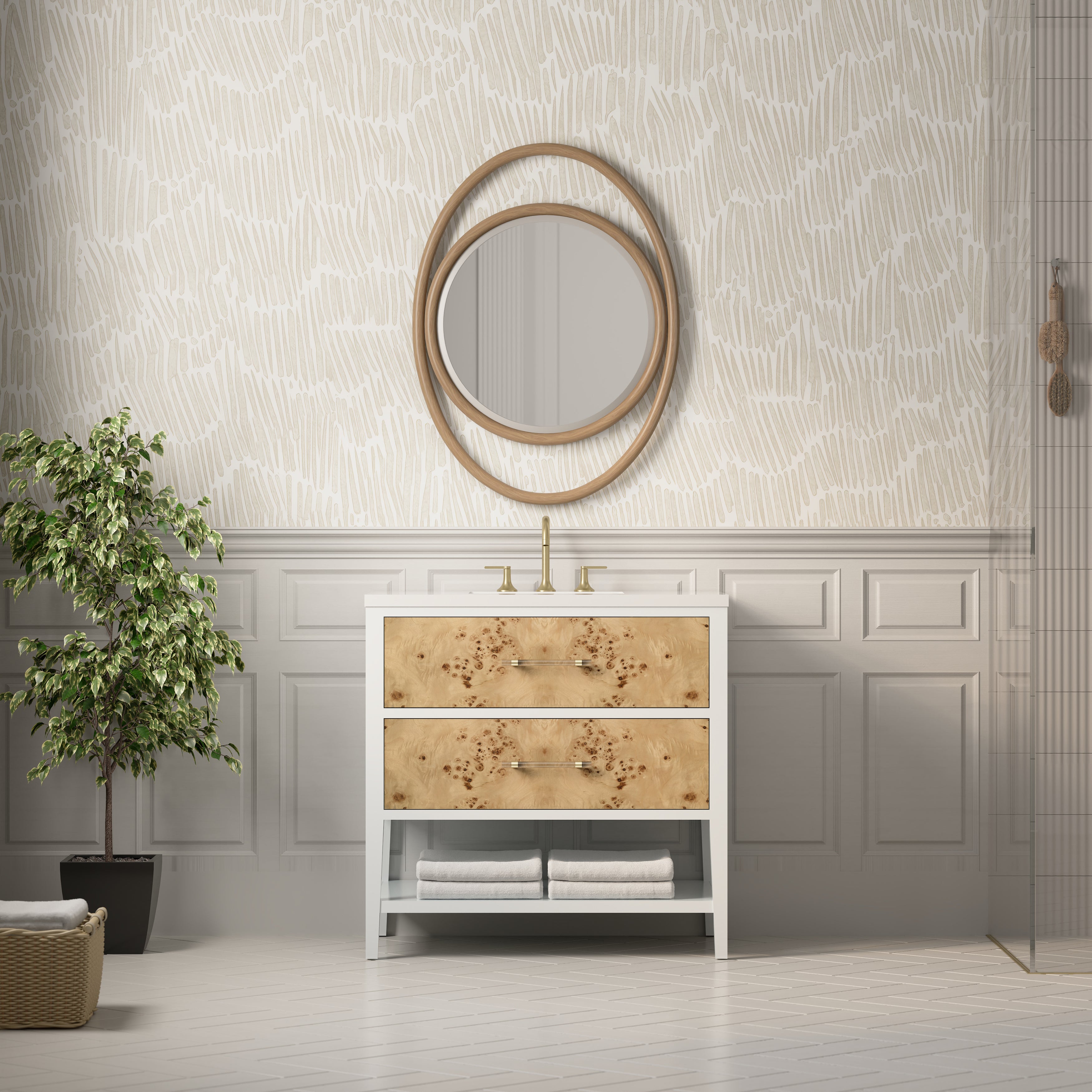 James Martin Olena 36" Single Vanity in Light Mappa Burl and Polished White with 3cm Countertop