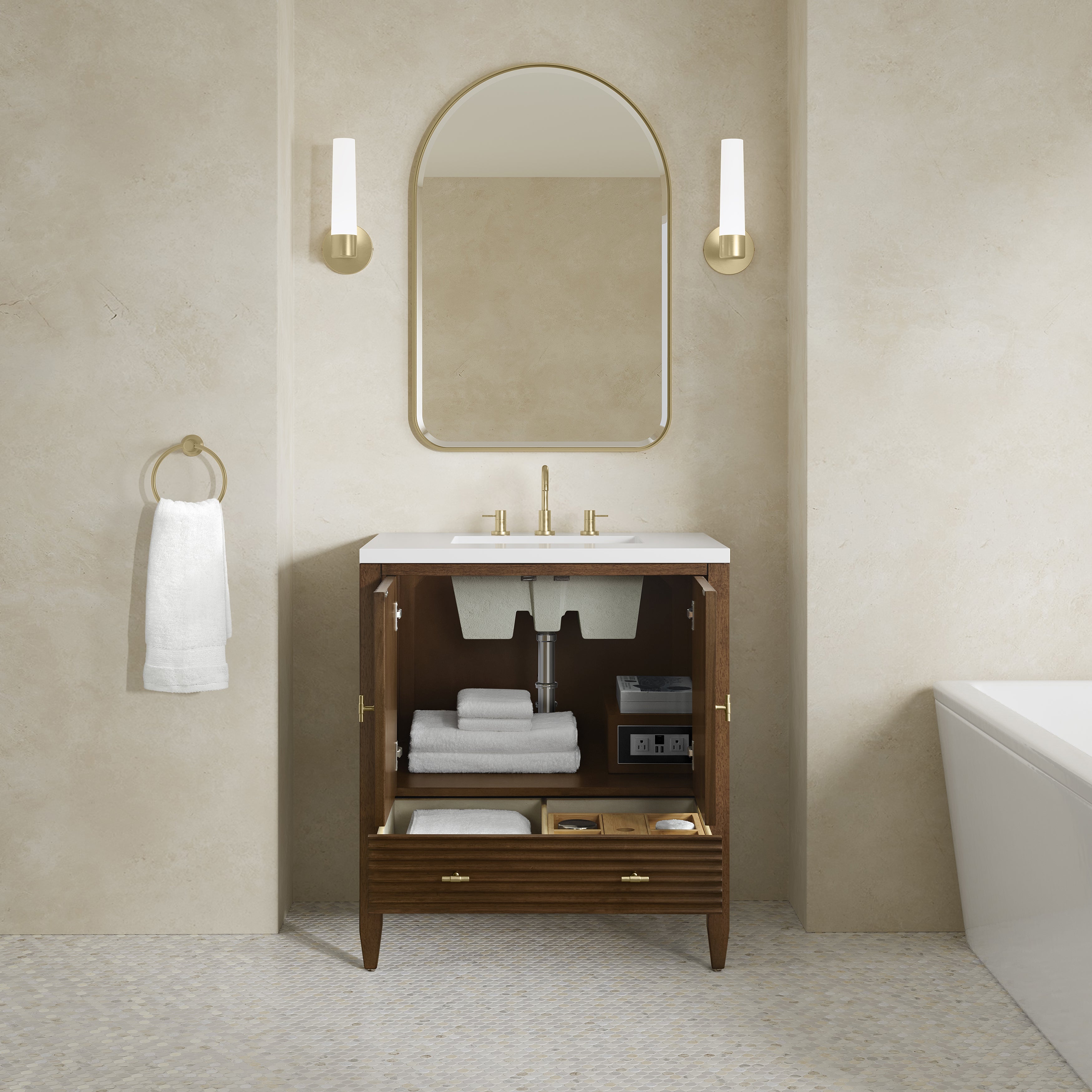 James Martin Myrrin 30" Single Vanity in Mid-Century Walnut with 3cm Countertop