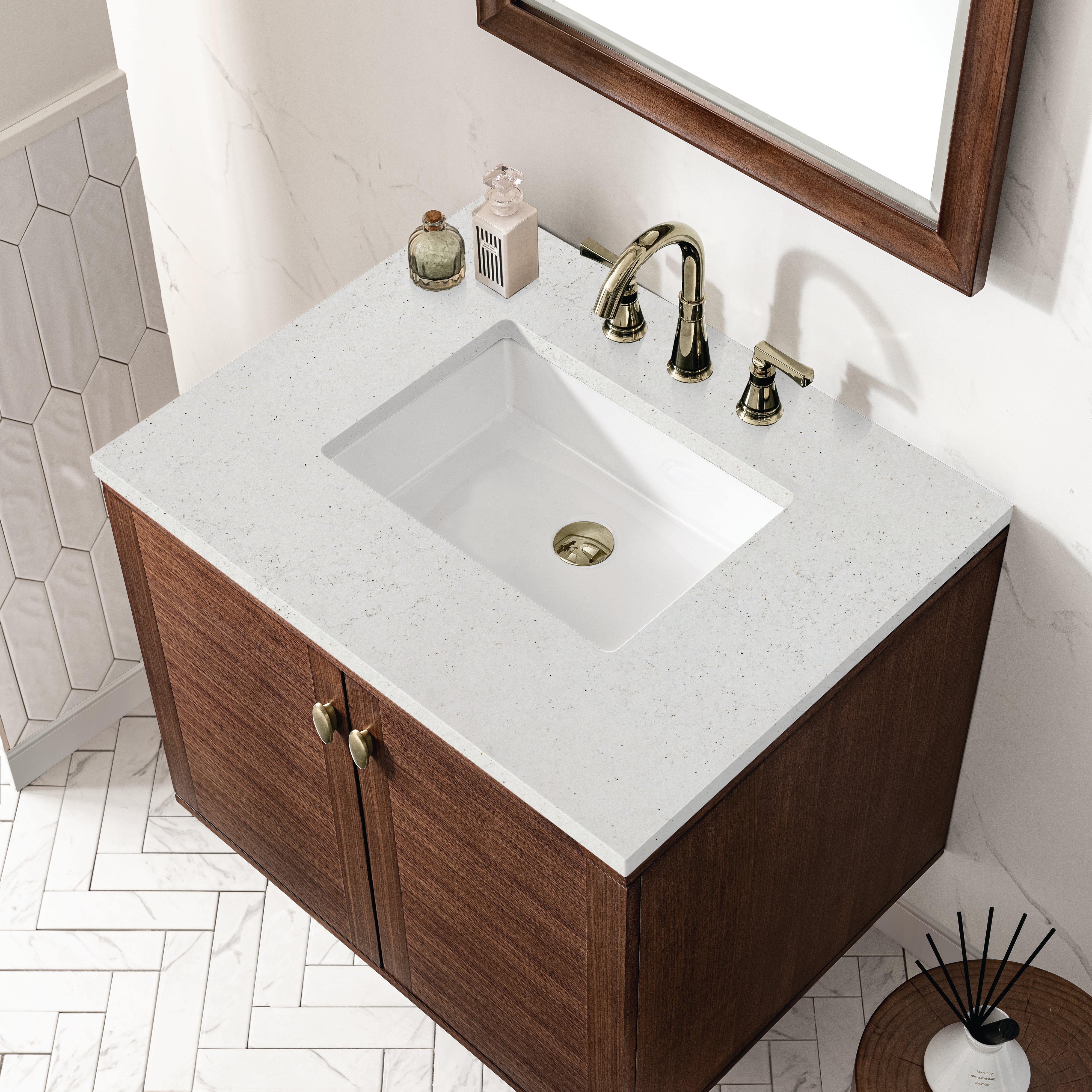 James Martin Amberly 30" Single Vanity in Mid-Century Walnut with 3cm Countertop