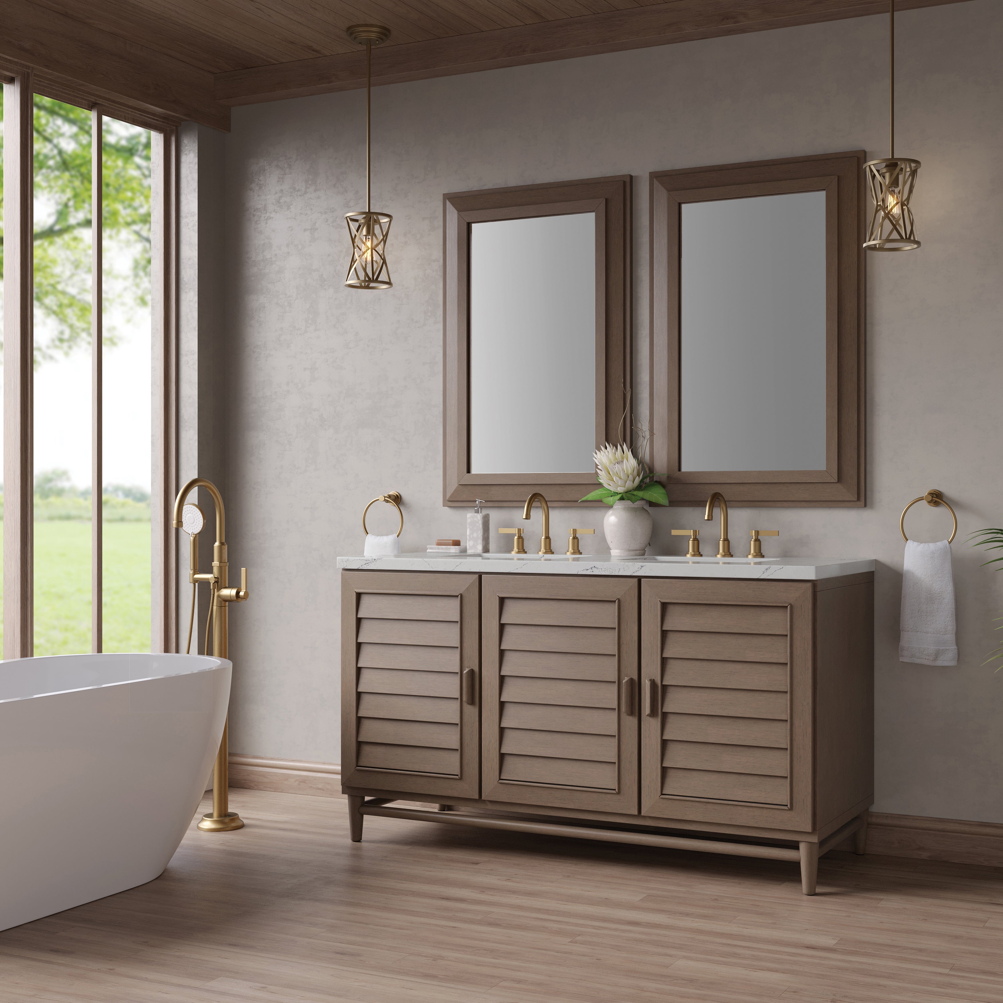 James Martin Portland 60" Double Vanity in Whitewashed Walnut with 3cm Countertop and FreePower Wireless Charger