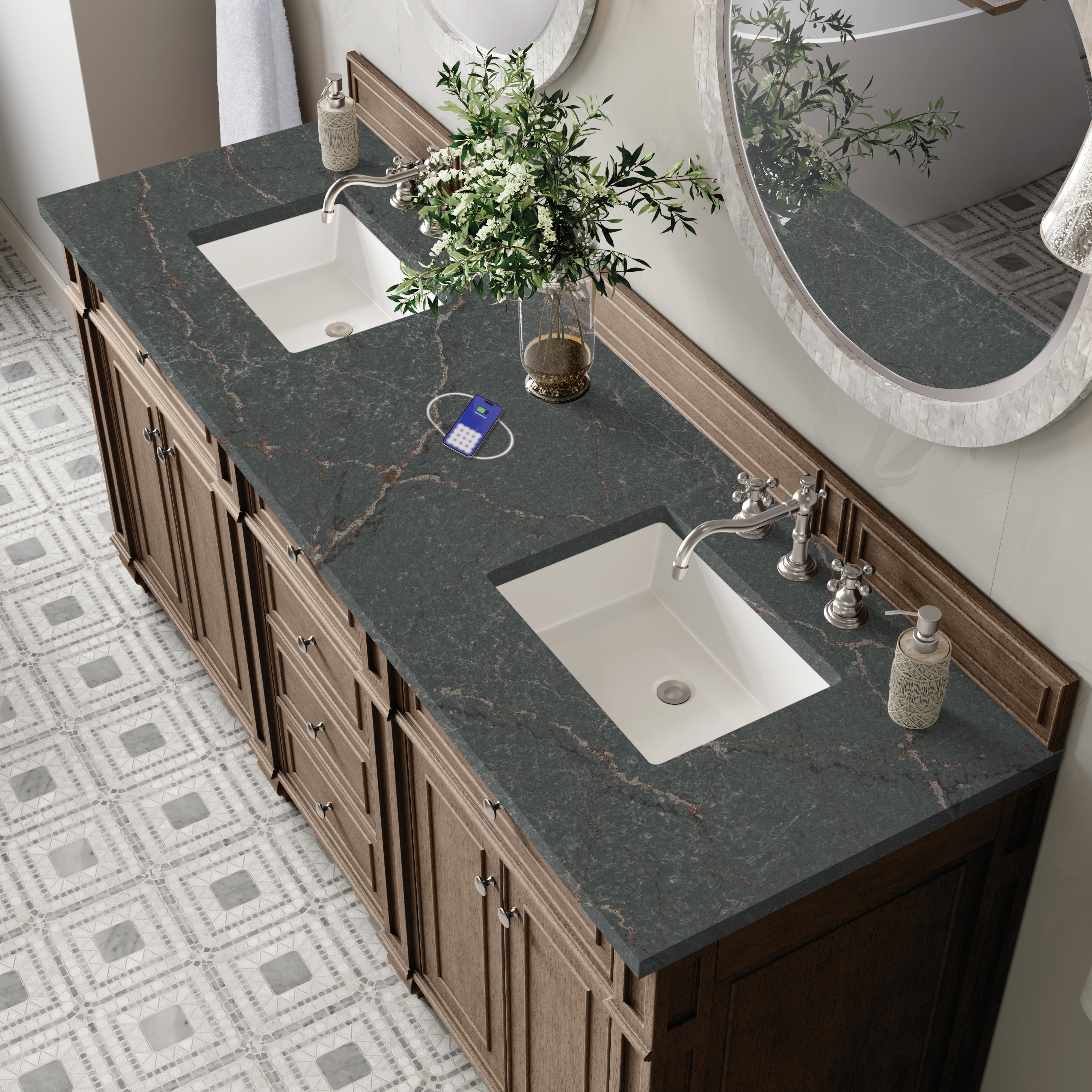 James Martin Bristol 72" Double Vanity in Whitewashed Walnut with 3cm Countertop and FreePower Wireless Charger