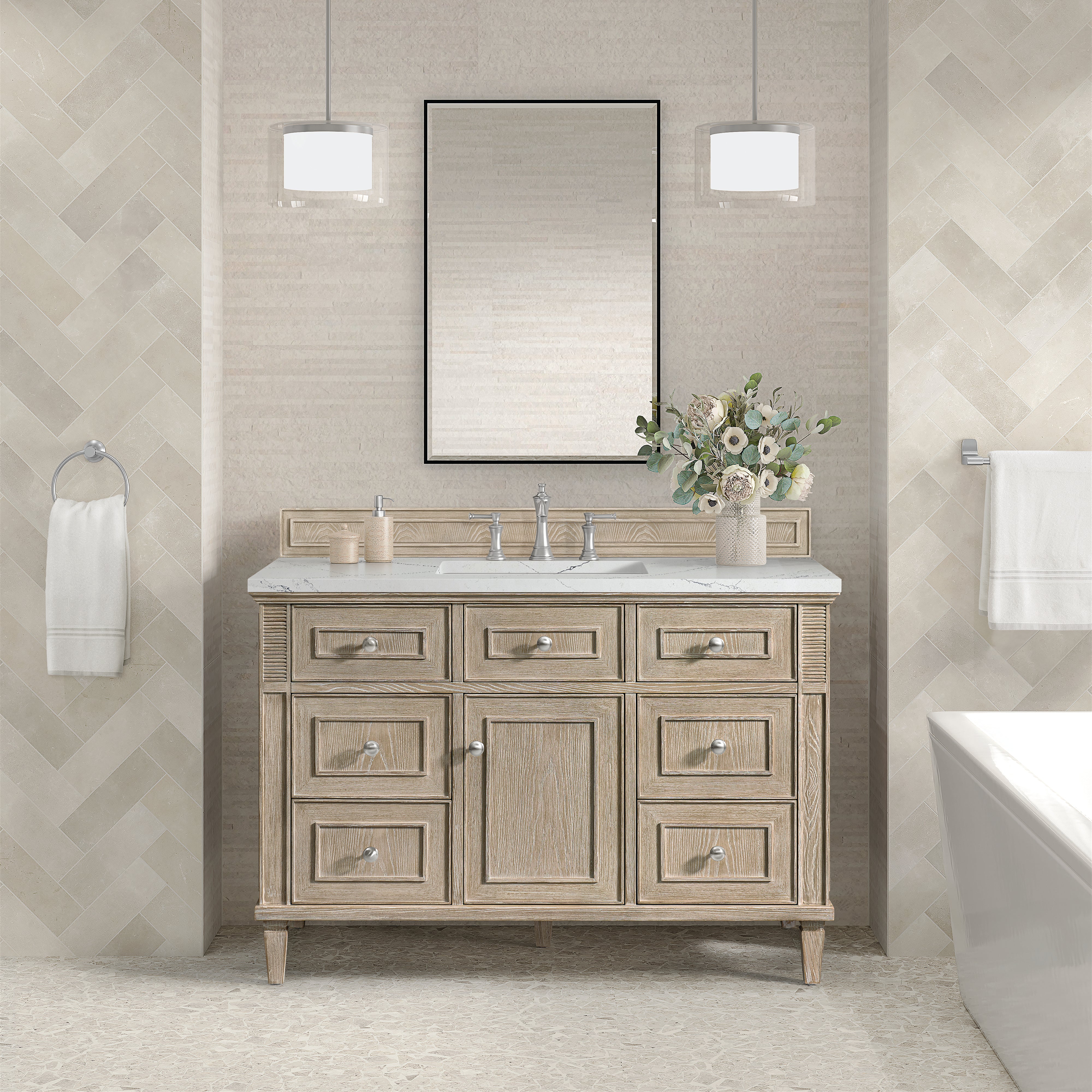 James Martin Lorelai 48" Single Vanity in Whitewashed Oak with 3cm Countertop and FreePower Wireless Charger
