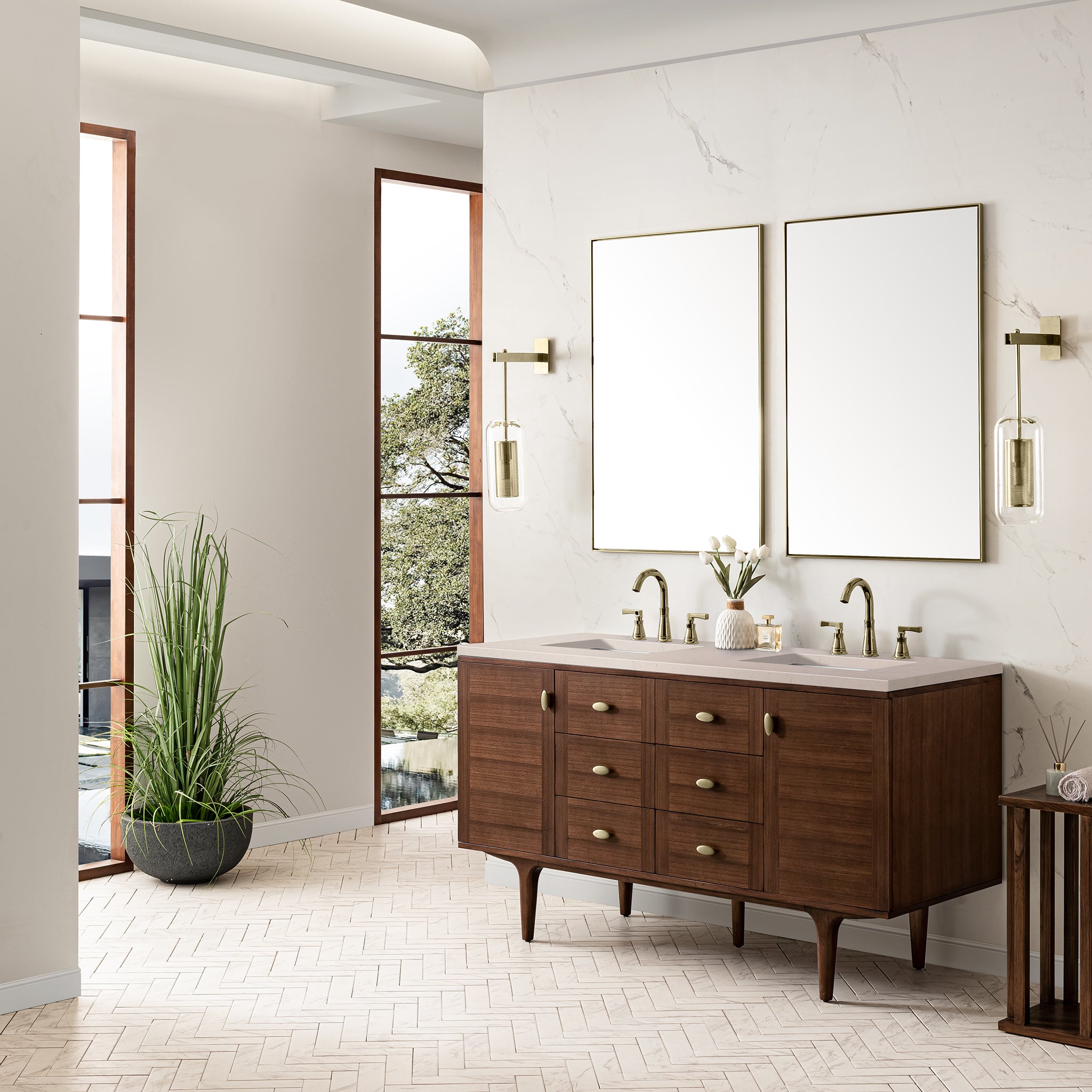 James Martin Amberly 60" Double Vanity in Mid-Century Walnut with 3cm Countertop