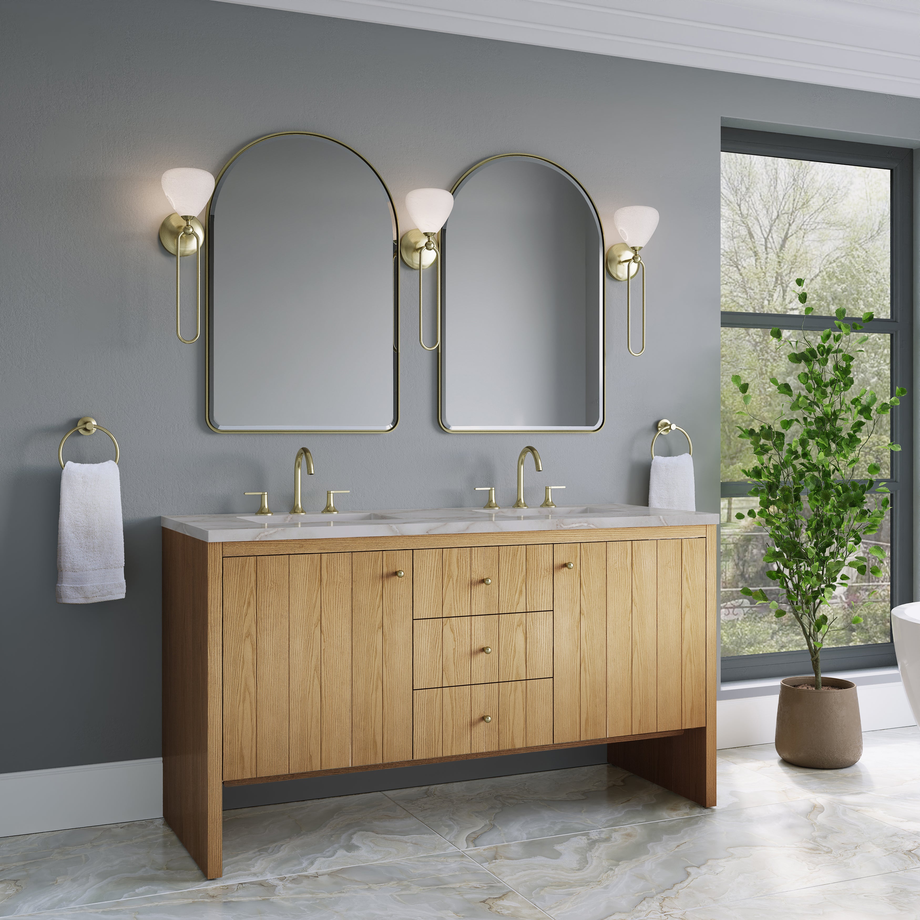 James Martin Hudson 60" Double Vanity in Light Natural Oak with 3cm Countertop and FreePower Wireless Charger