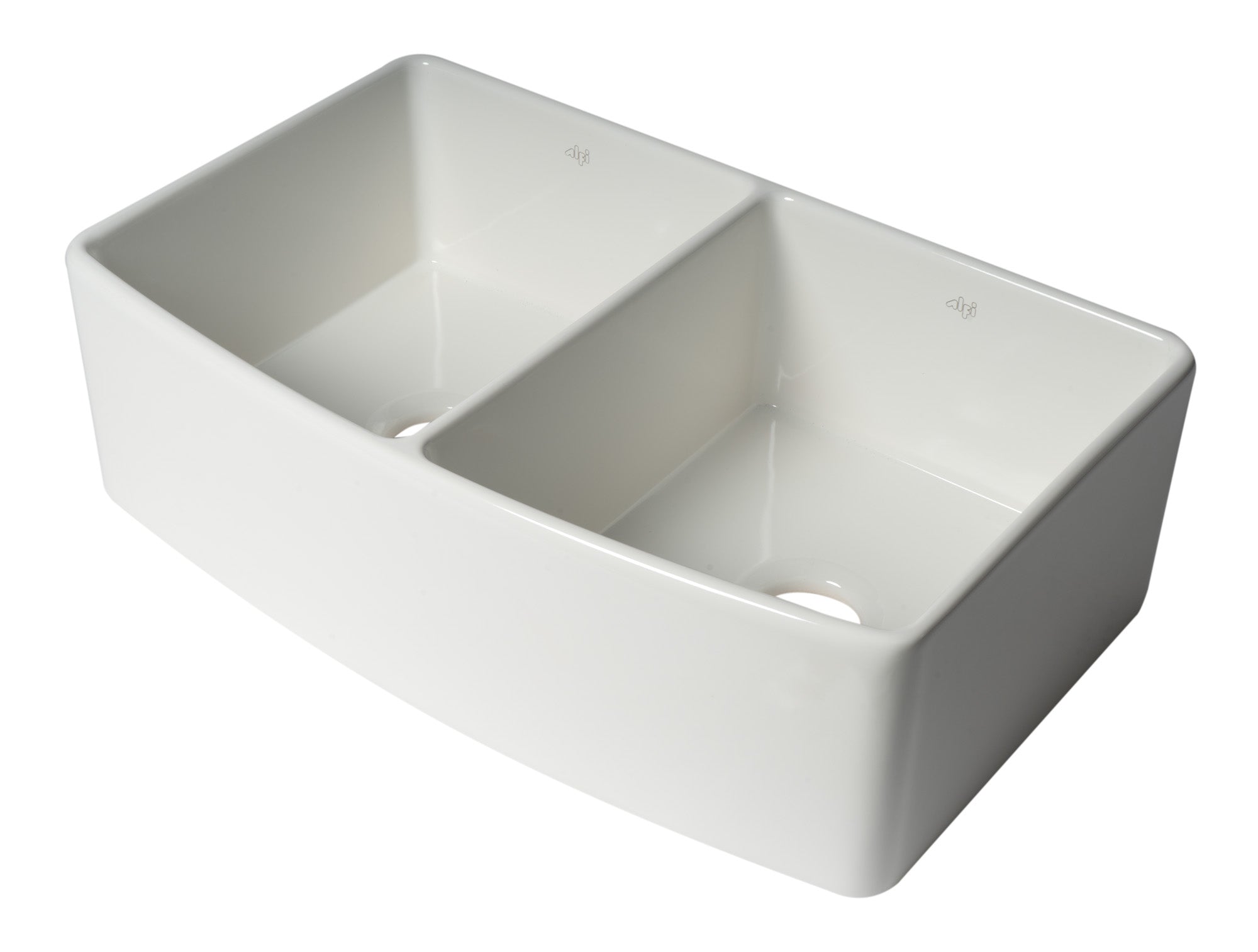 ALFI brand ABFC3320D ABFC3320D-W White Smooth Curved Apron 33" x 20" Double Bowl Fireclay Farm Sink with Grid