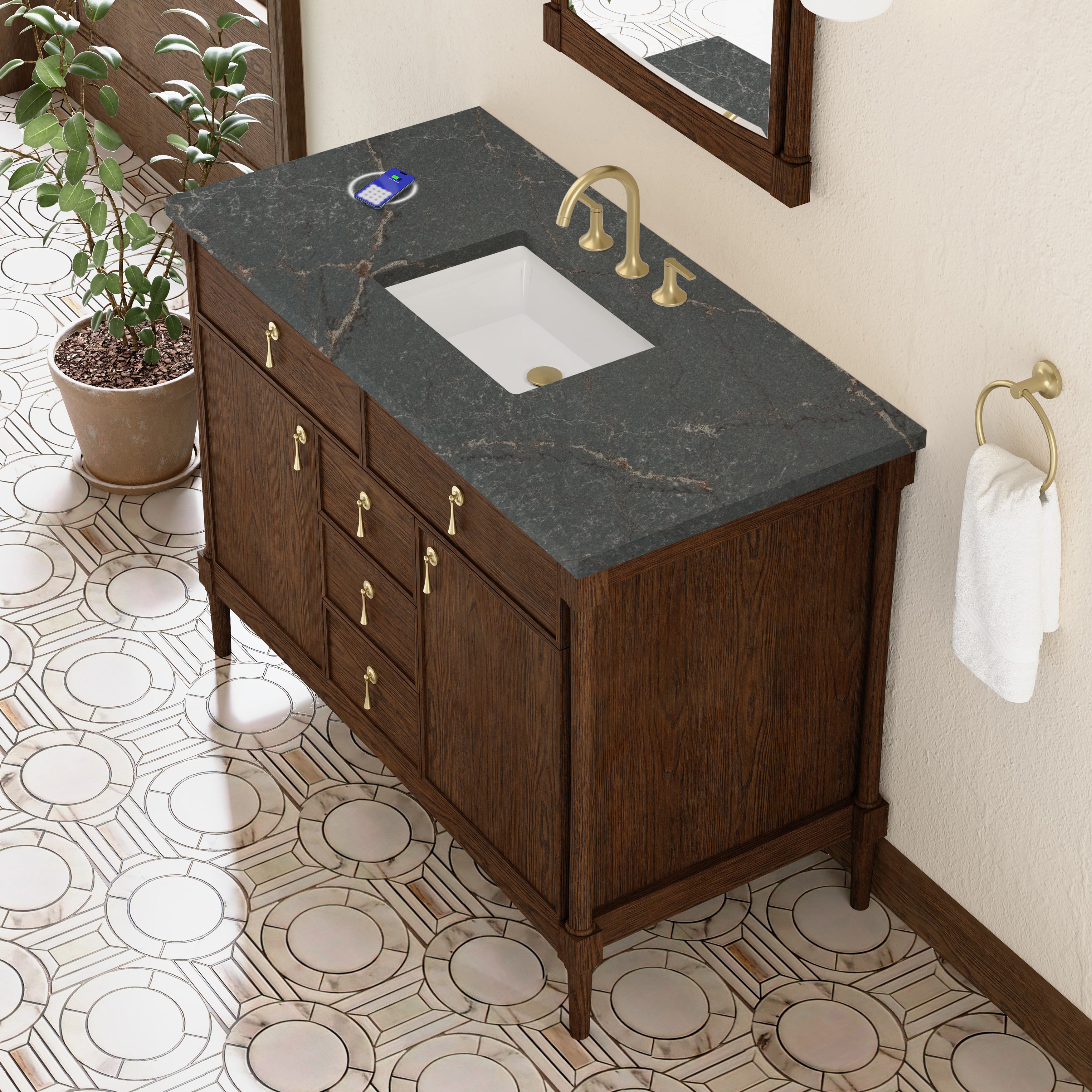 James Martin Kinnsden 48" Single Vanity in Sable Oak with 3cm Countertop and FreePower Wireless Charger
