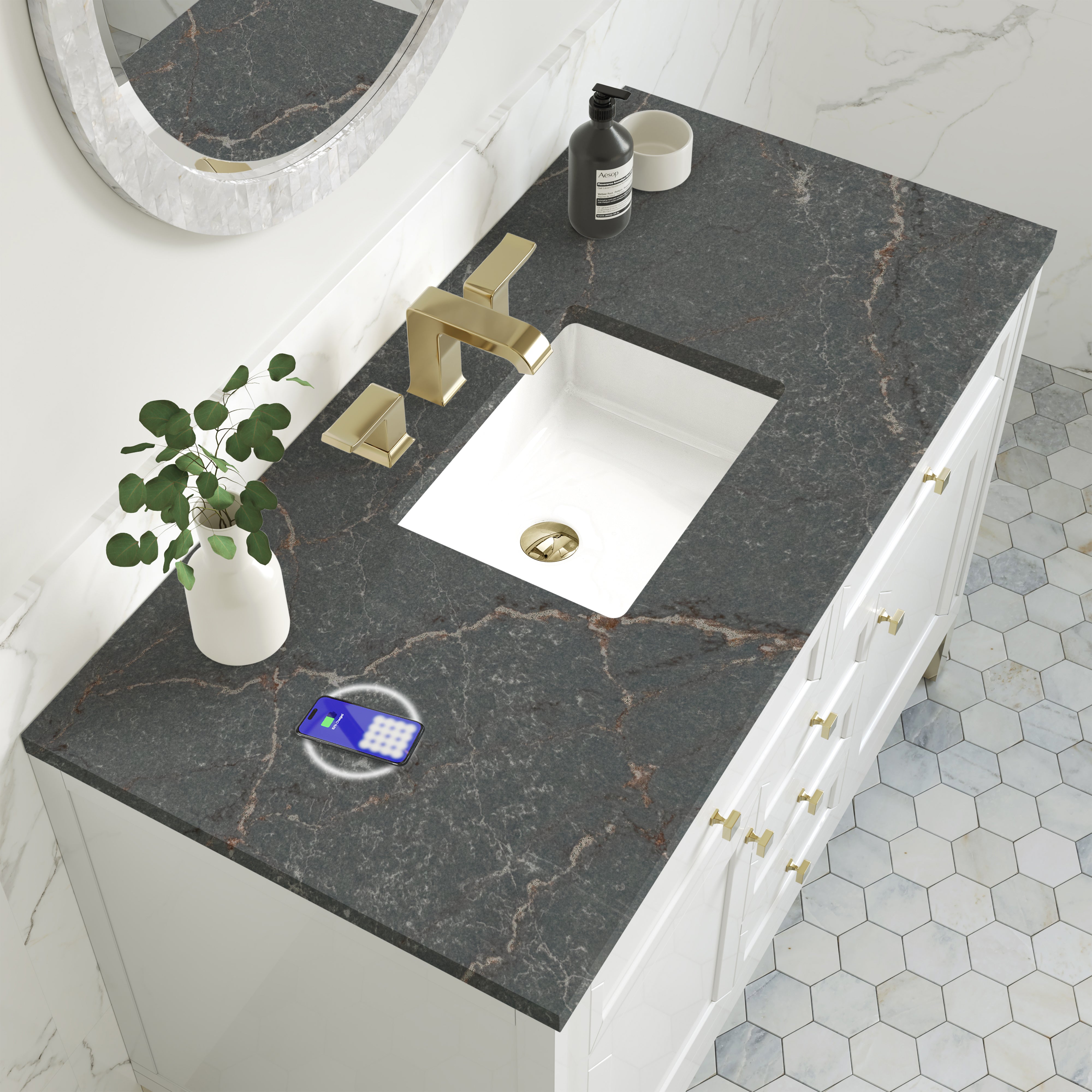 James Martin Chicago 48" Single Vanity in Glossy White with 3cm Countertop and FreePower Wireless Charger