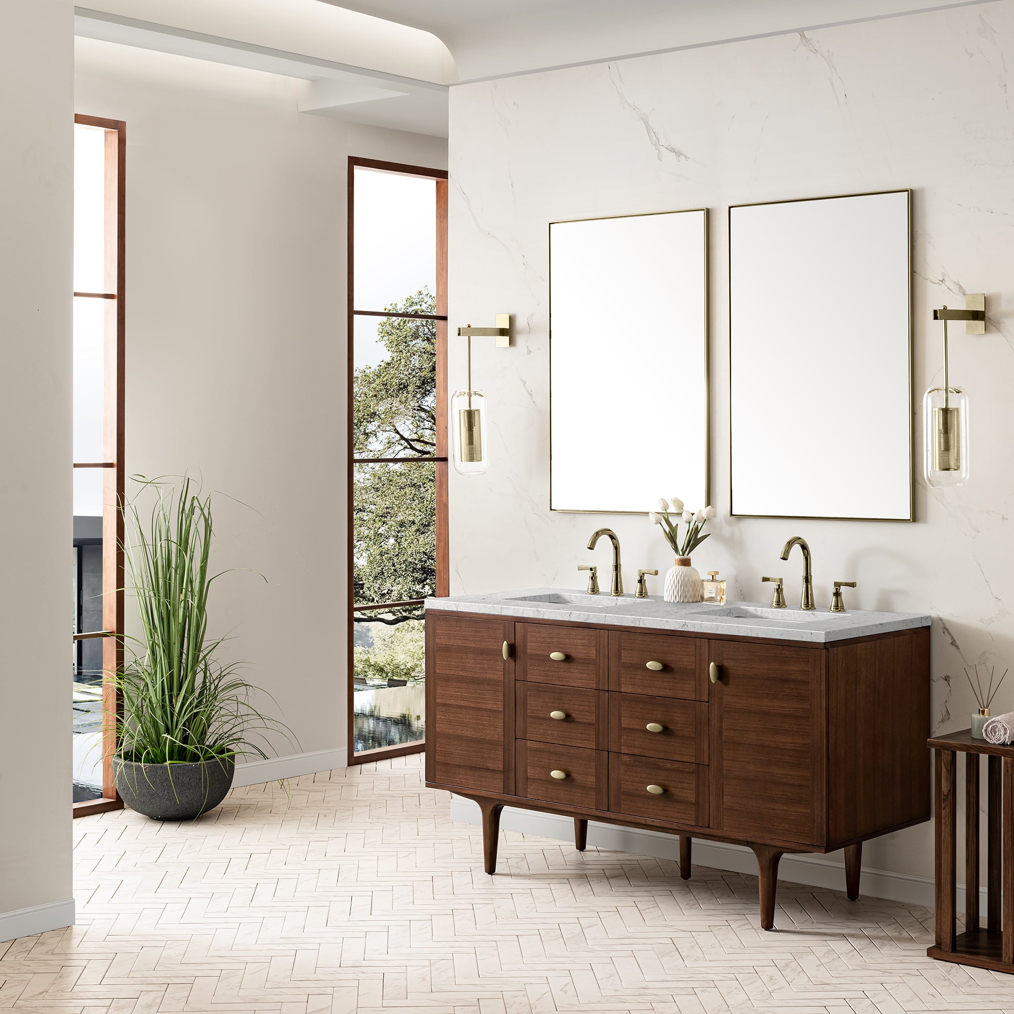 James Martin Amberly 60" Double Vanity in Mid-Century Walnut with 3cm Countertop