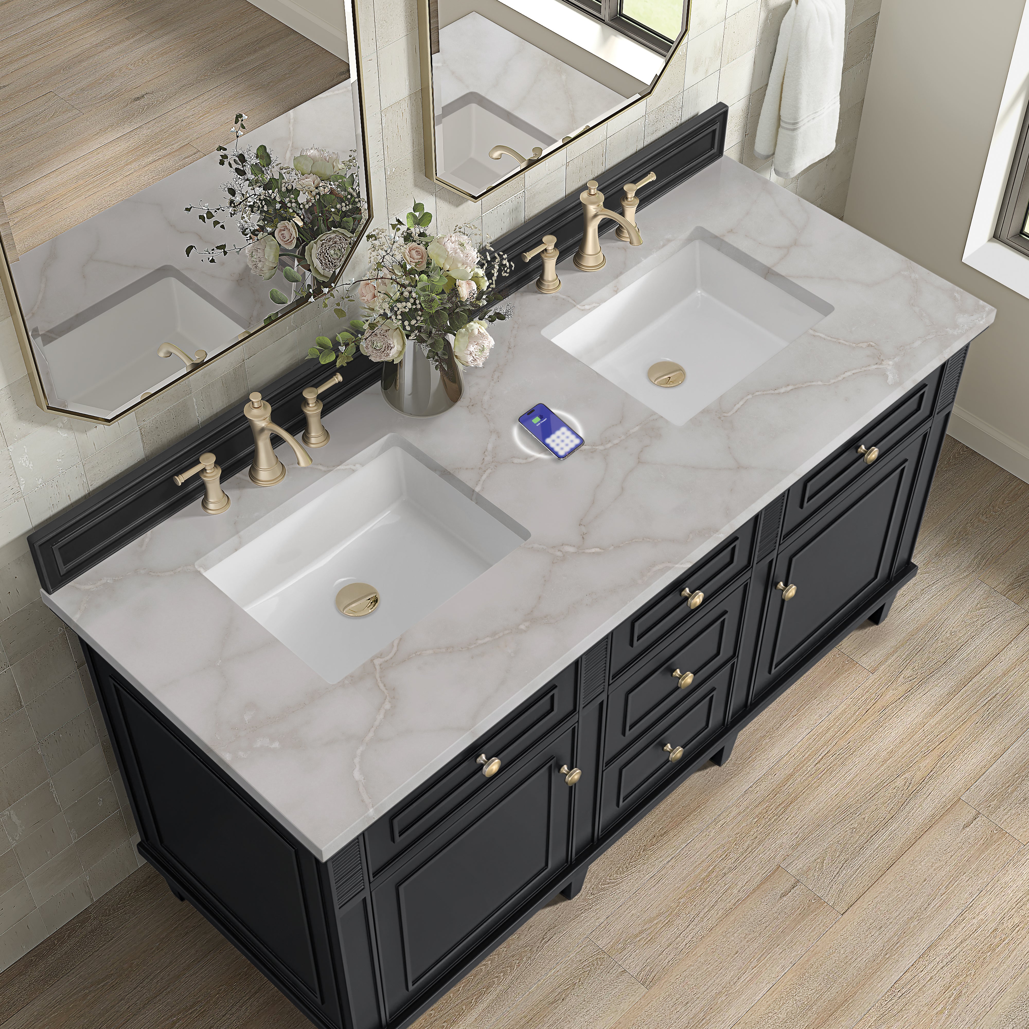 James Martin Lorelai 60" Double Vanity in Black Onyx with 3cm Countertop and FreePower Wireless Charger