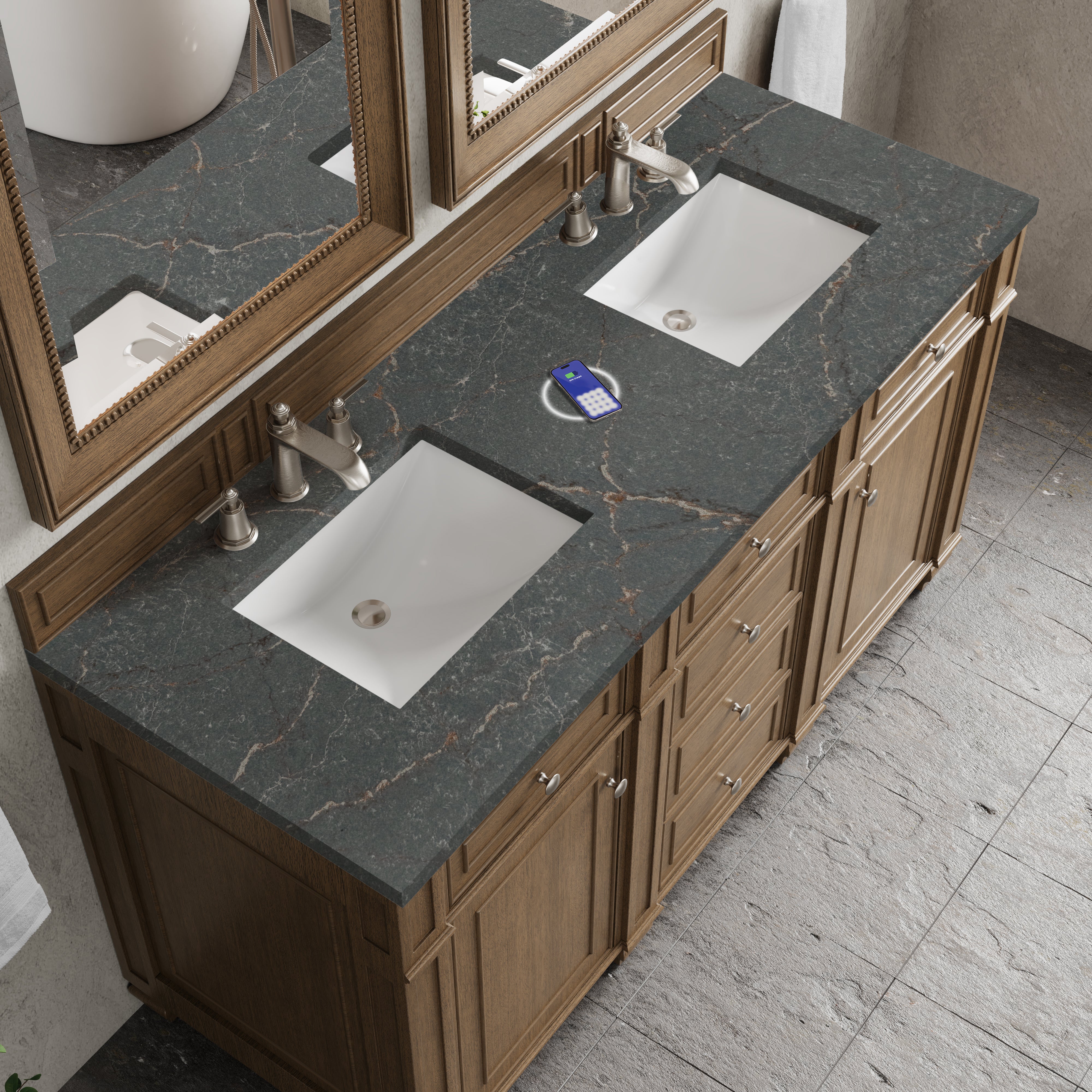 James Martin Bristol 60" Double Vanity in Saddle Brown with 3cm Countertop and FreePower Wireless Charger
