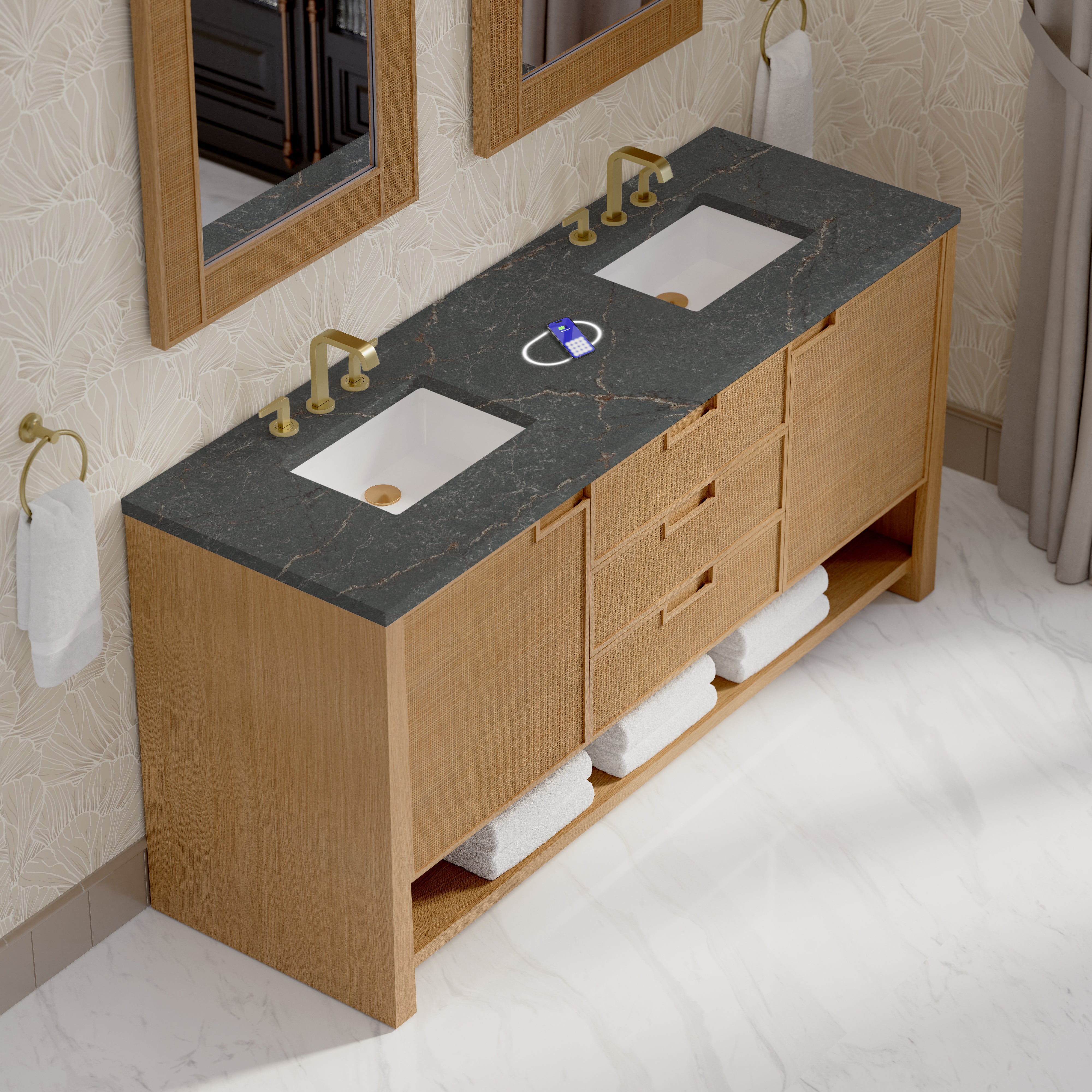 James Martin Solene 72" Double Vanity in Seaside Oak with 3cm Countertop and FreePower Wireless Charger