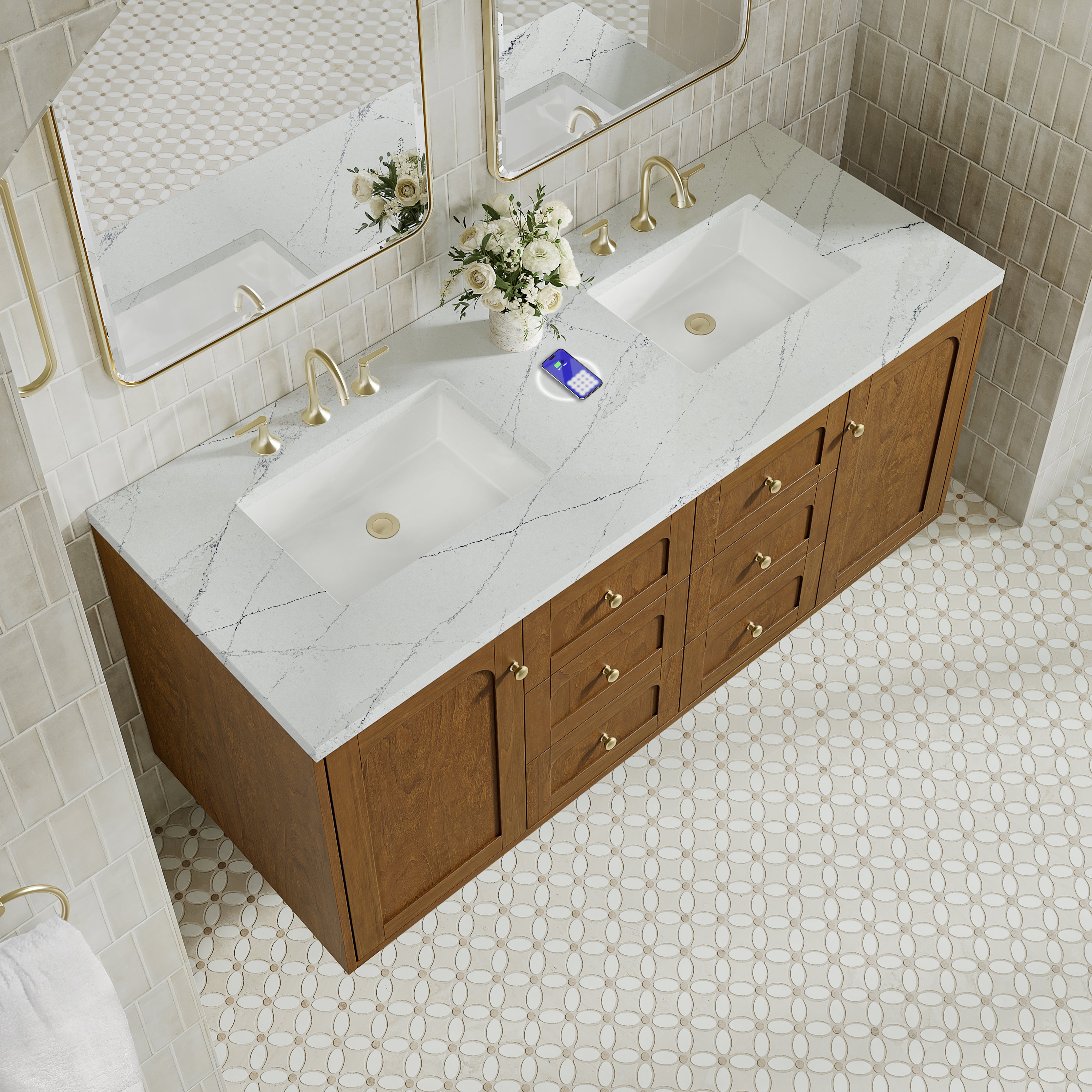 James Martin Laurent 60" Double Vanity in Honey Oak with 3cm Countertop and FreePower Wireless Charger