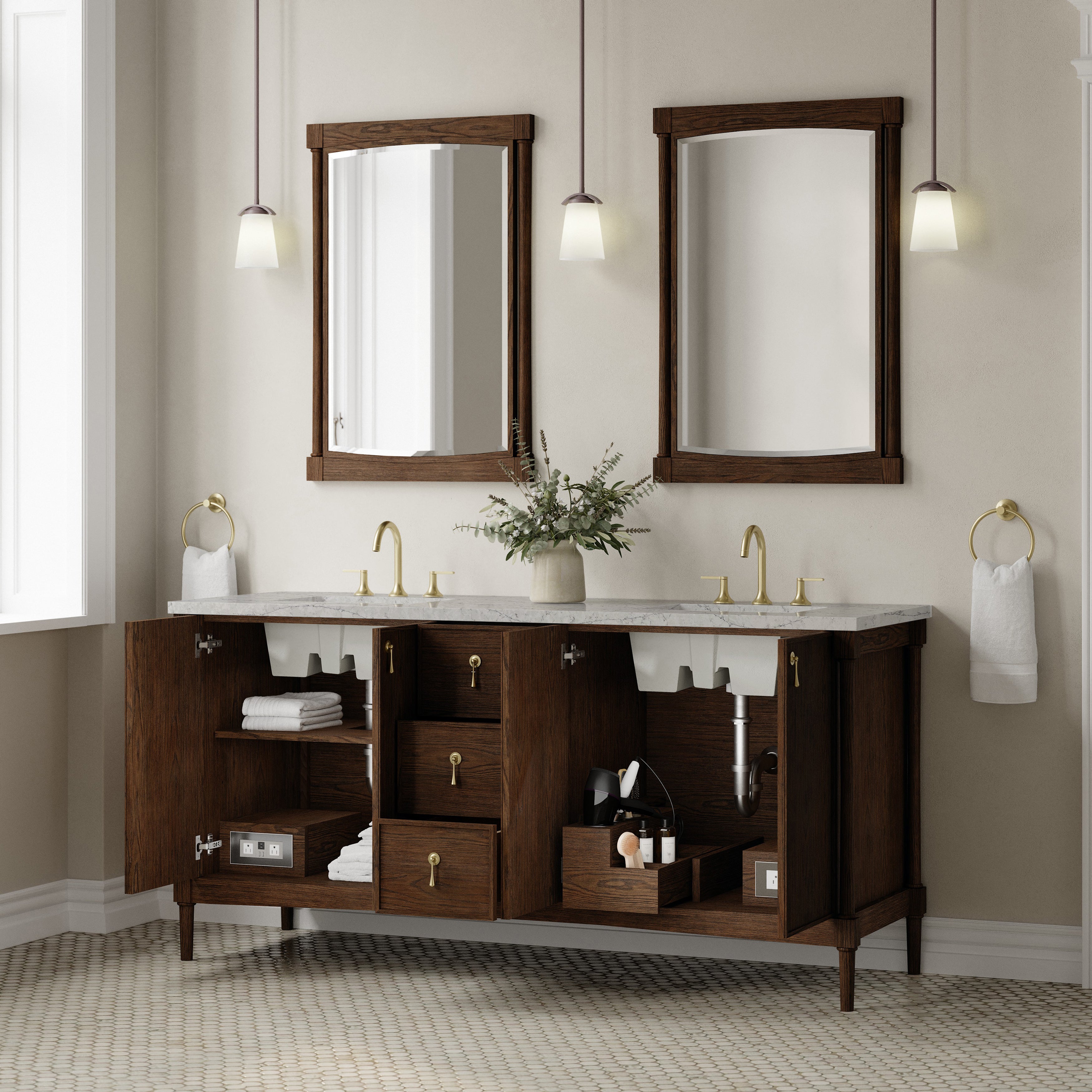 James Martin Kinnsden 72" Double Vanity in Sable Oak with 3cm Carrara Marble Top