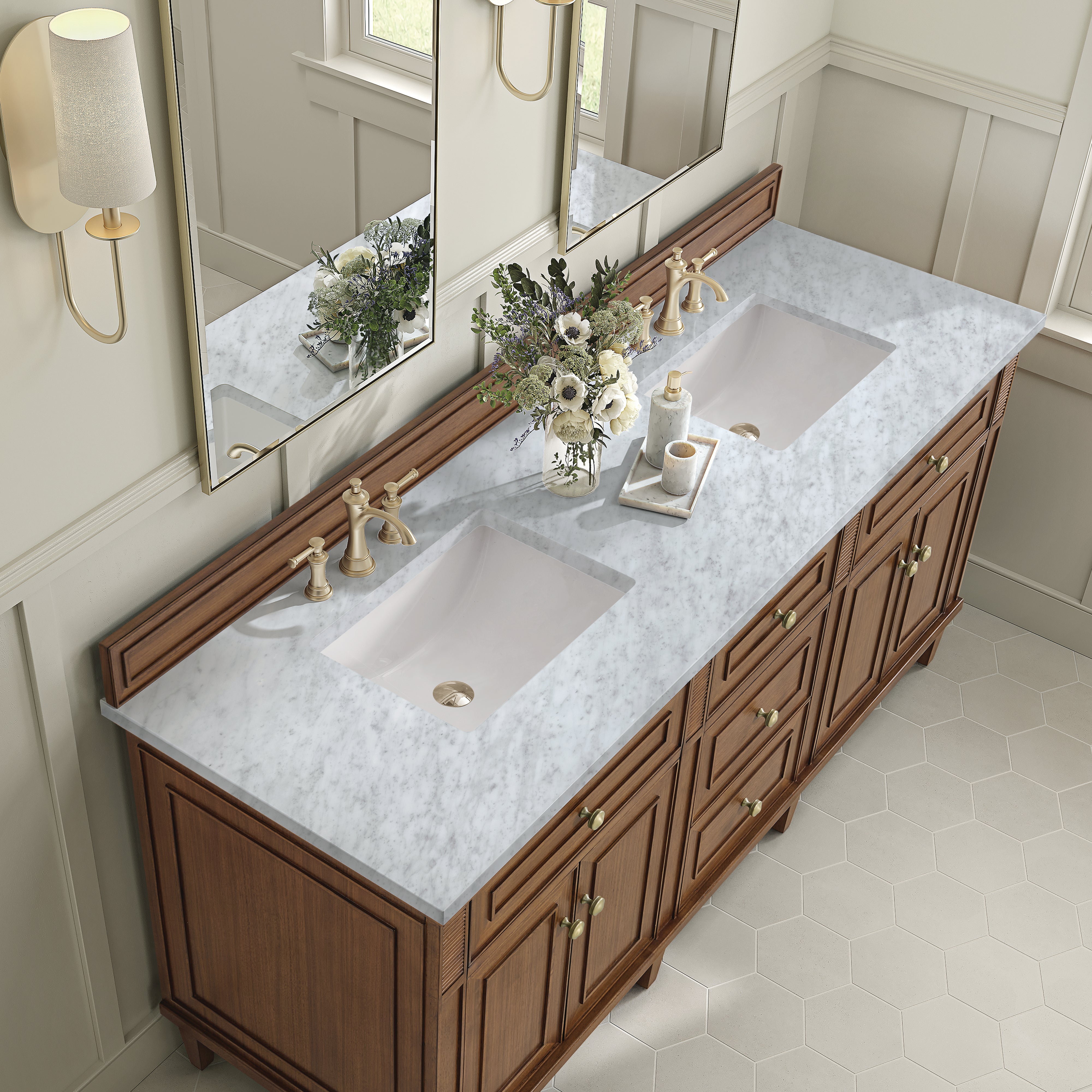 James Martin Lorelai 72"Double Vanity in Mid-Century Walnut with 3cm Countertop