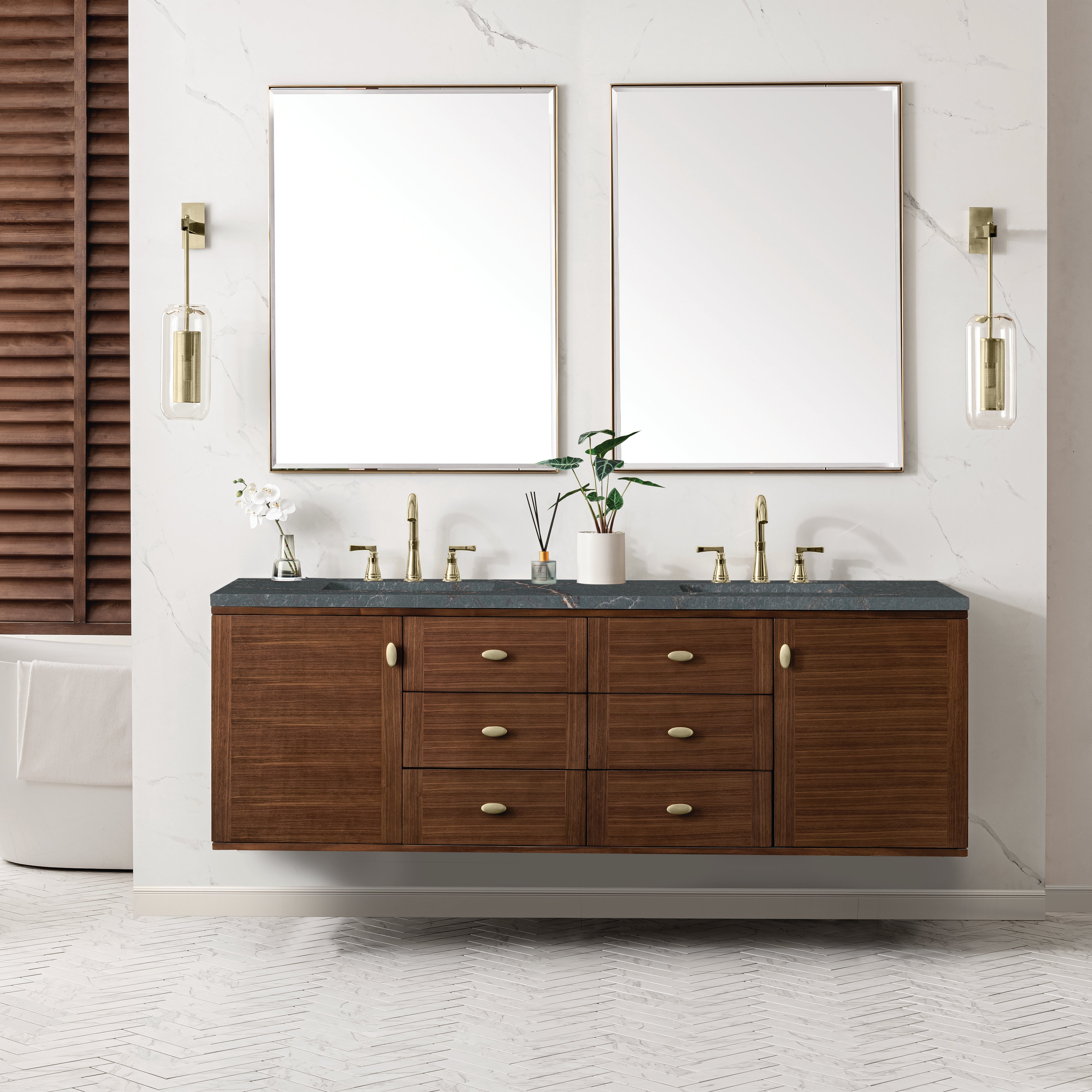 James Martin Amberly 72" Double Vanity in Mid-Century Walnut with 3cm Countertop and FreePower Wireless Charger