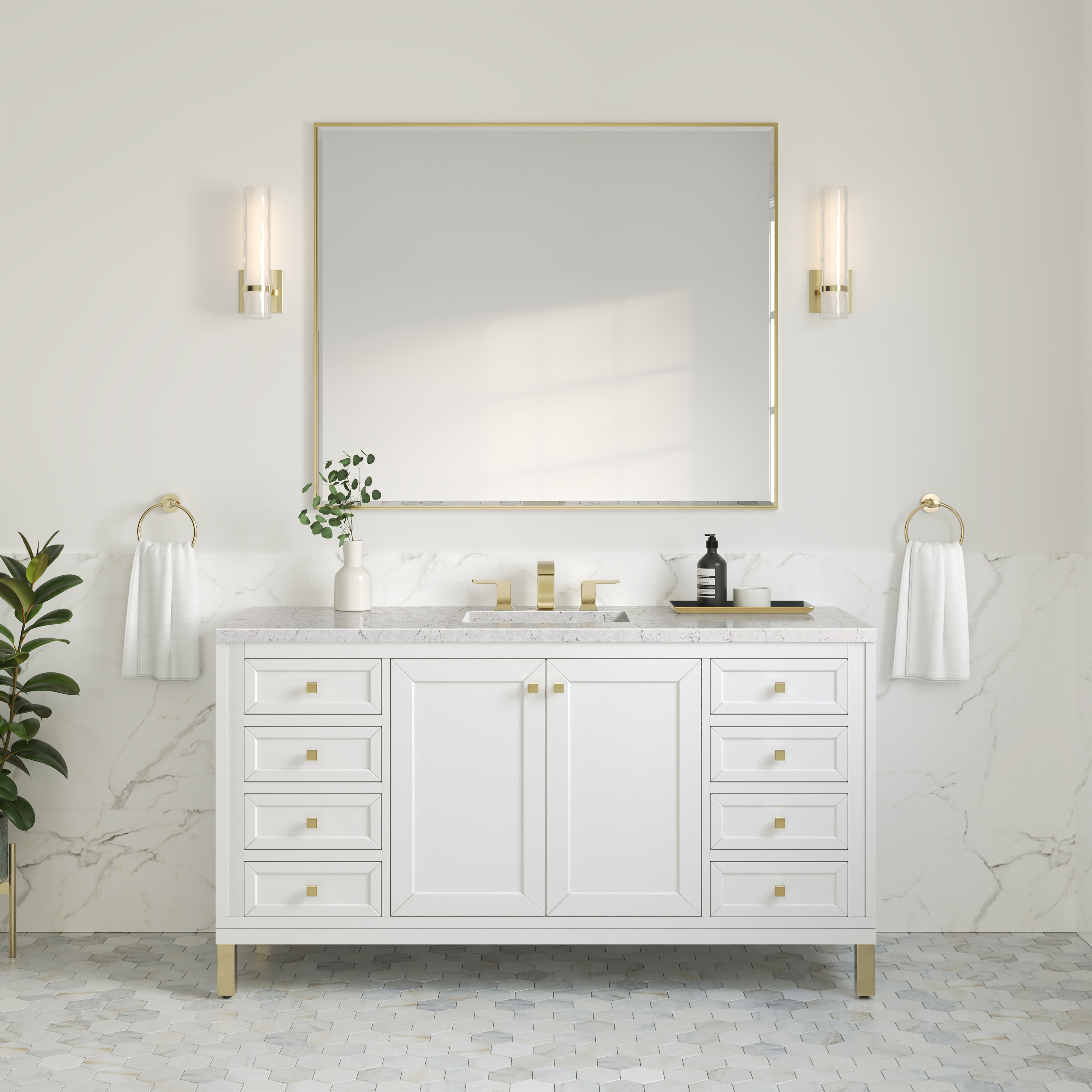 James Martin Chicago 60" Single Vanity in Glossy White with 3cm Countertop and FreePower Wireless Charger