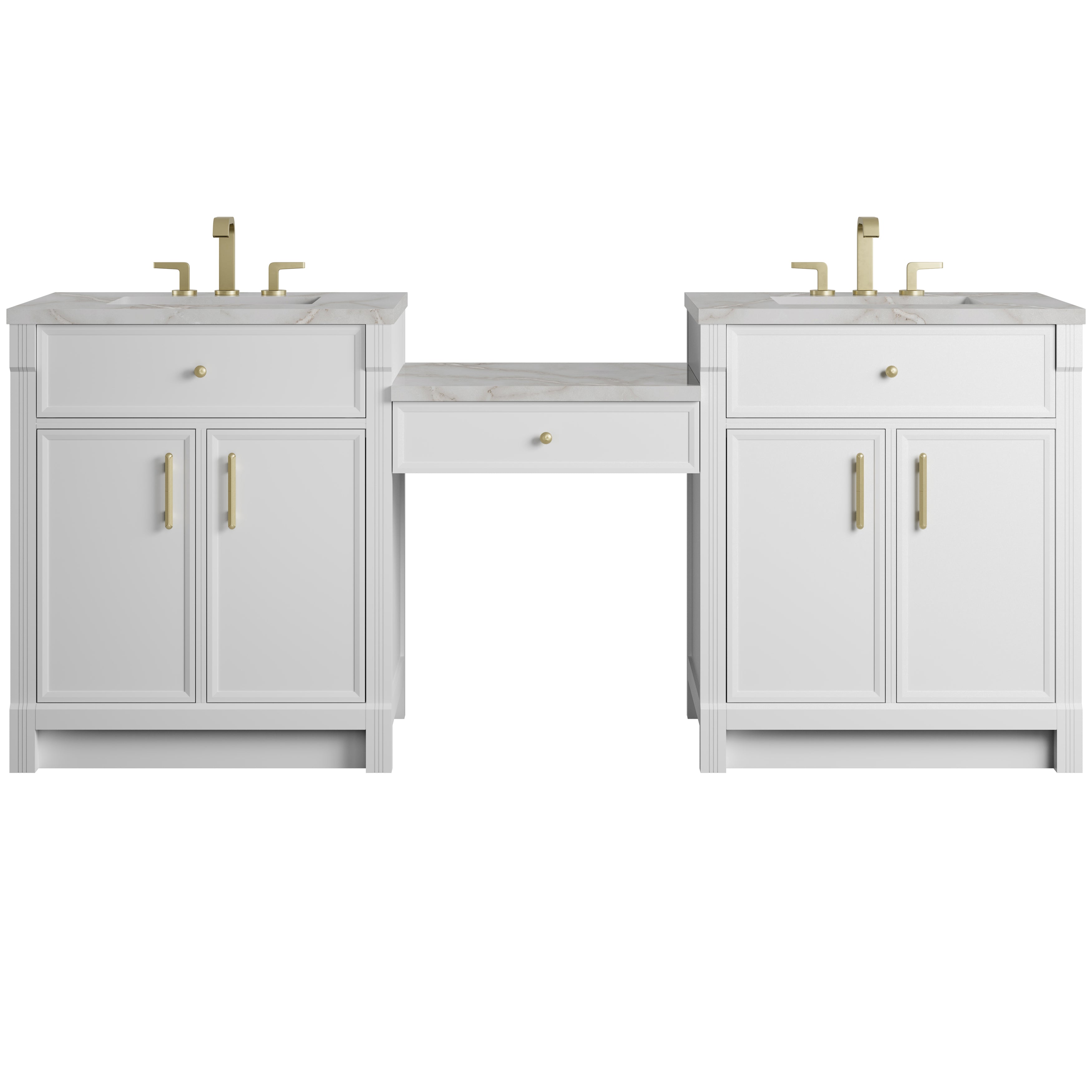 James Martin Bellshire 84" Dual Vanity Set with 24" Make-Up Counter in Bright White with 3cm Countertop
