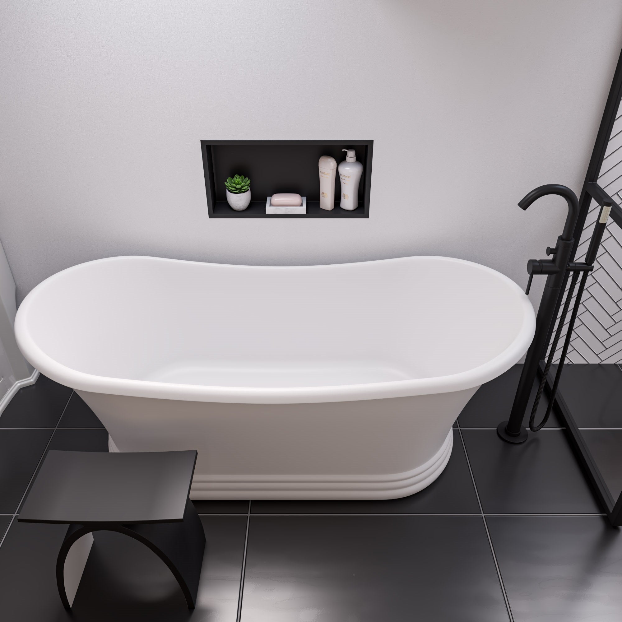ALFI brand  ABST77BM Black Matte Arched Solid Surface Resin Bathroom / Shower Stool