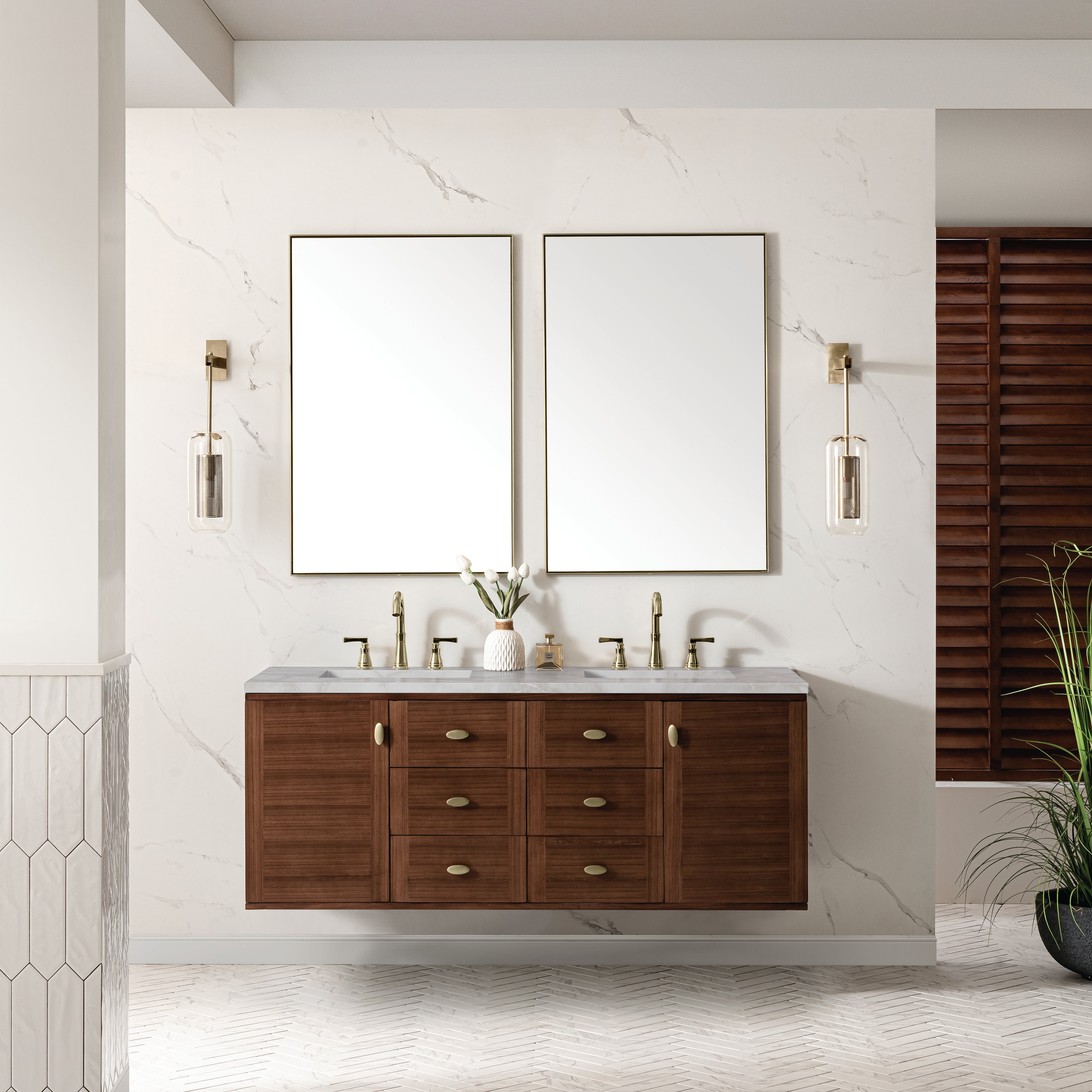 James Martin Amberly 60" Double Vanity in Mid-Century Walnut with 3cm Countertop